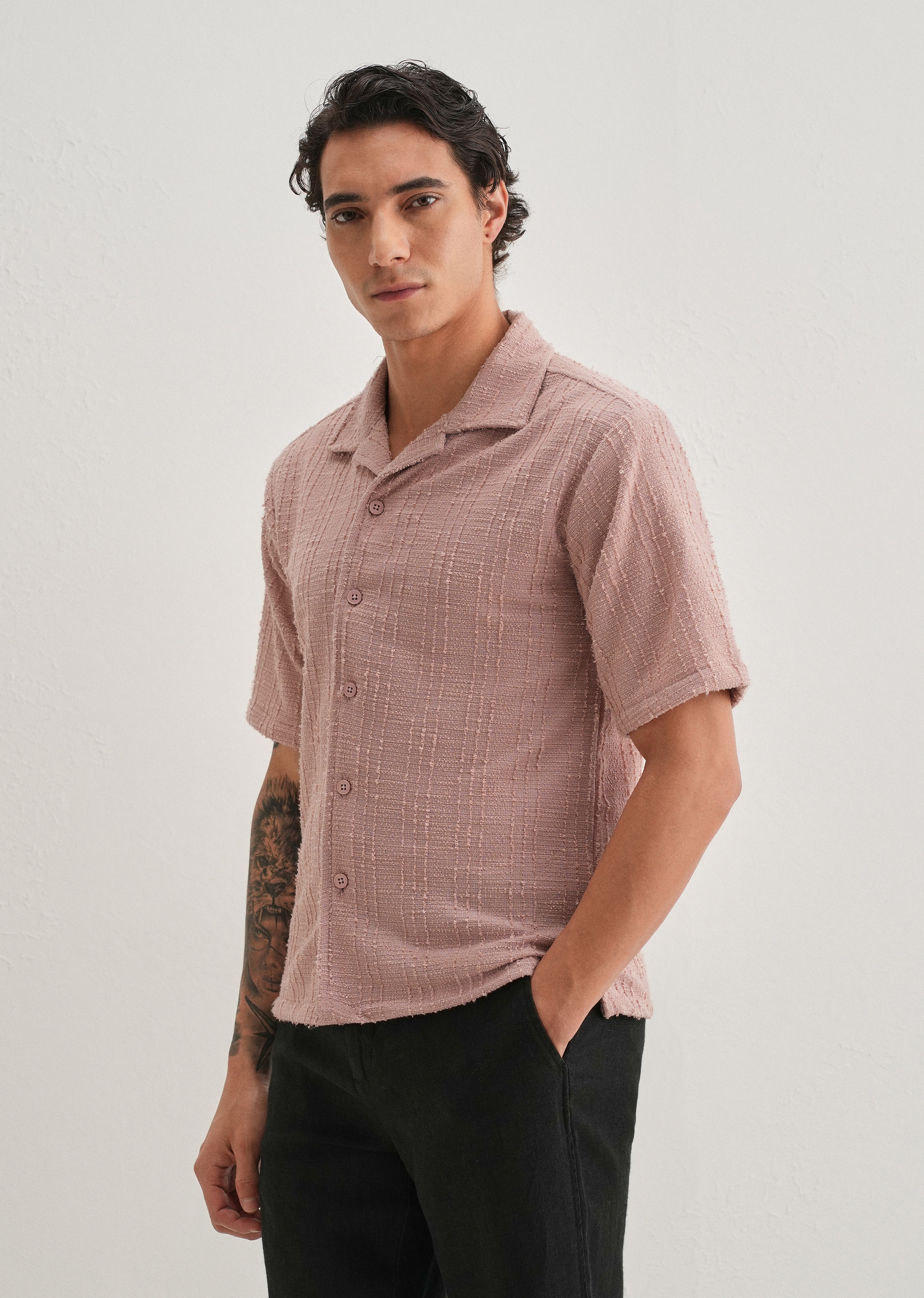 Pink Plain Cuban Collar Knitted Shirt - Image 3
