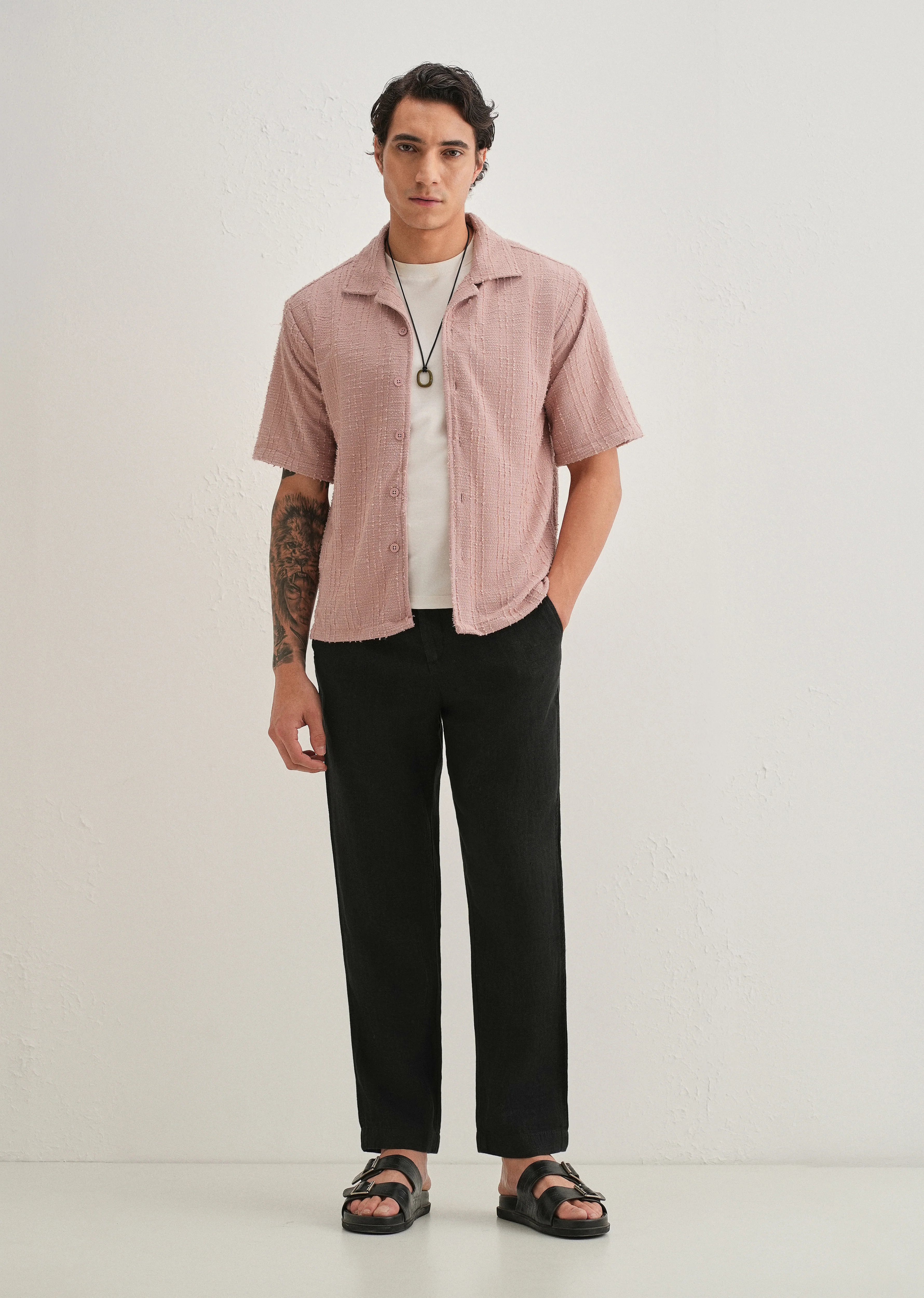 Pink Plain Cuban Collar Knitted Shirt - Image 6