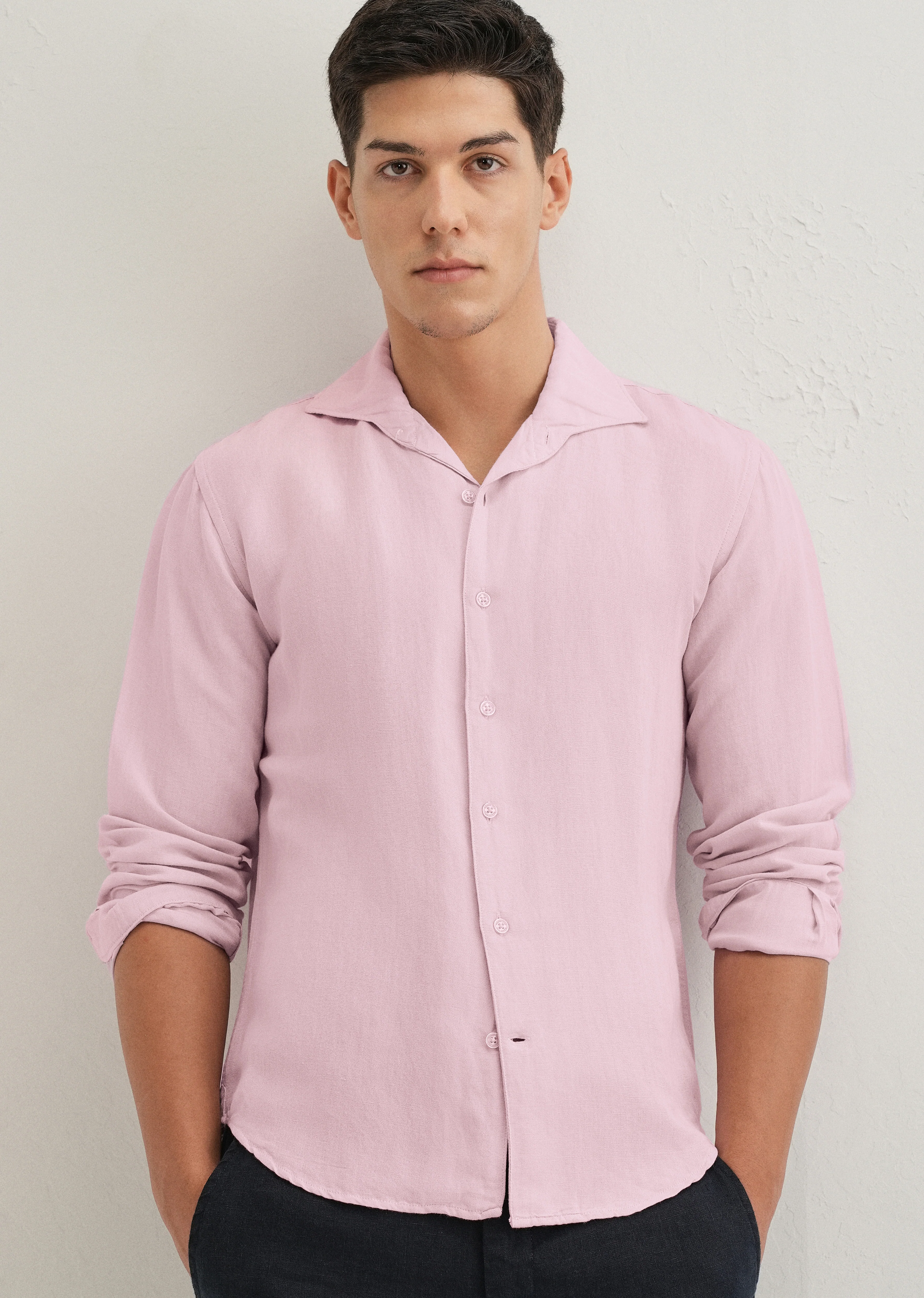 Pink Plain Linen Viscose Shirt - Image 7