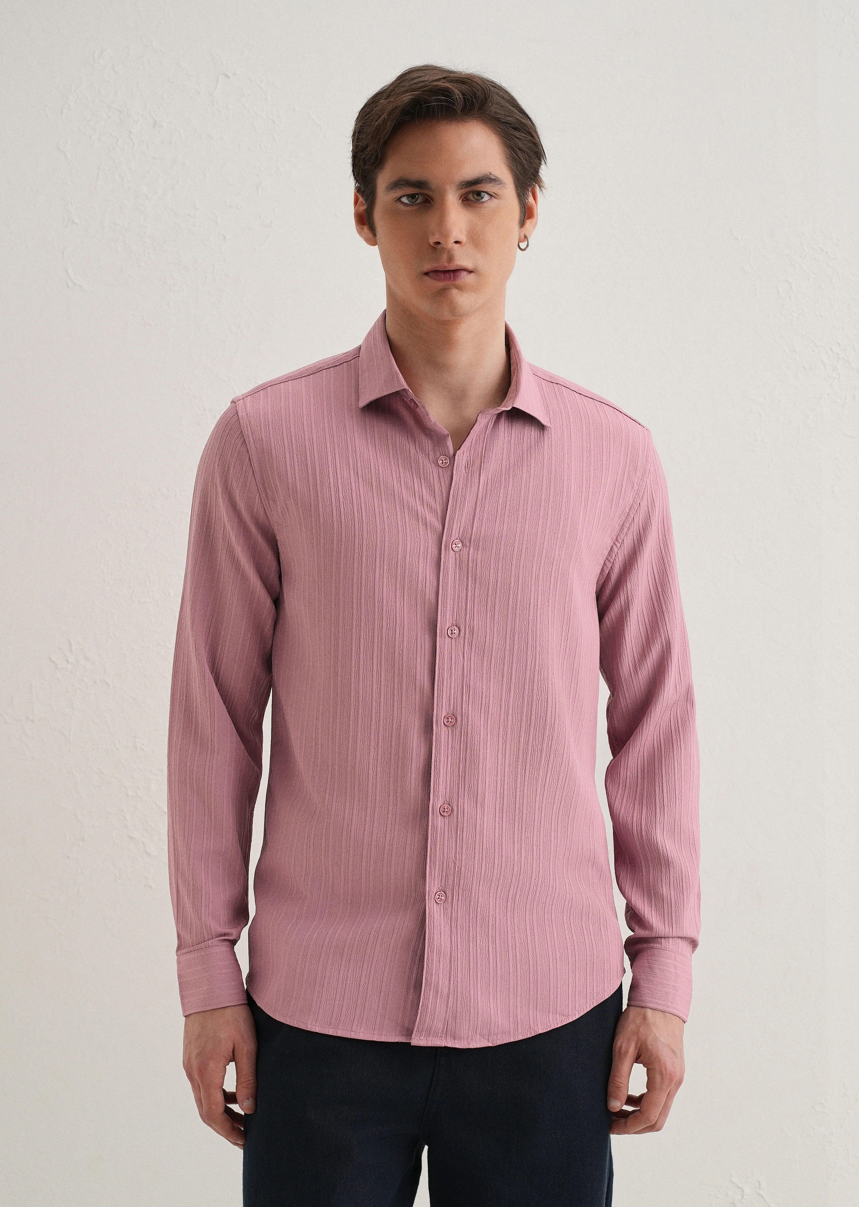 Pink Plain Self Striped Shirt - Image 3