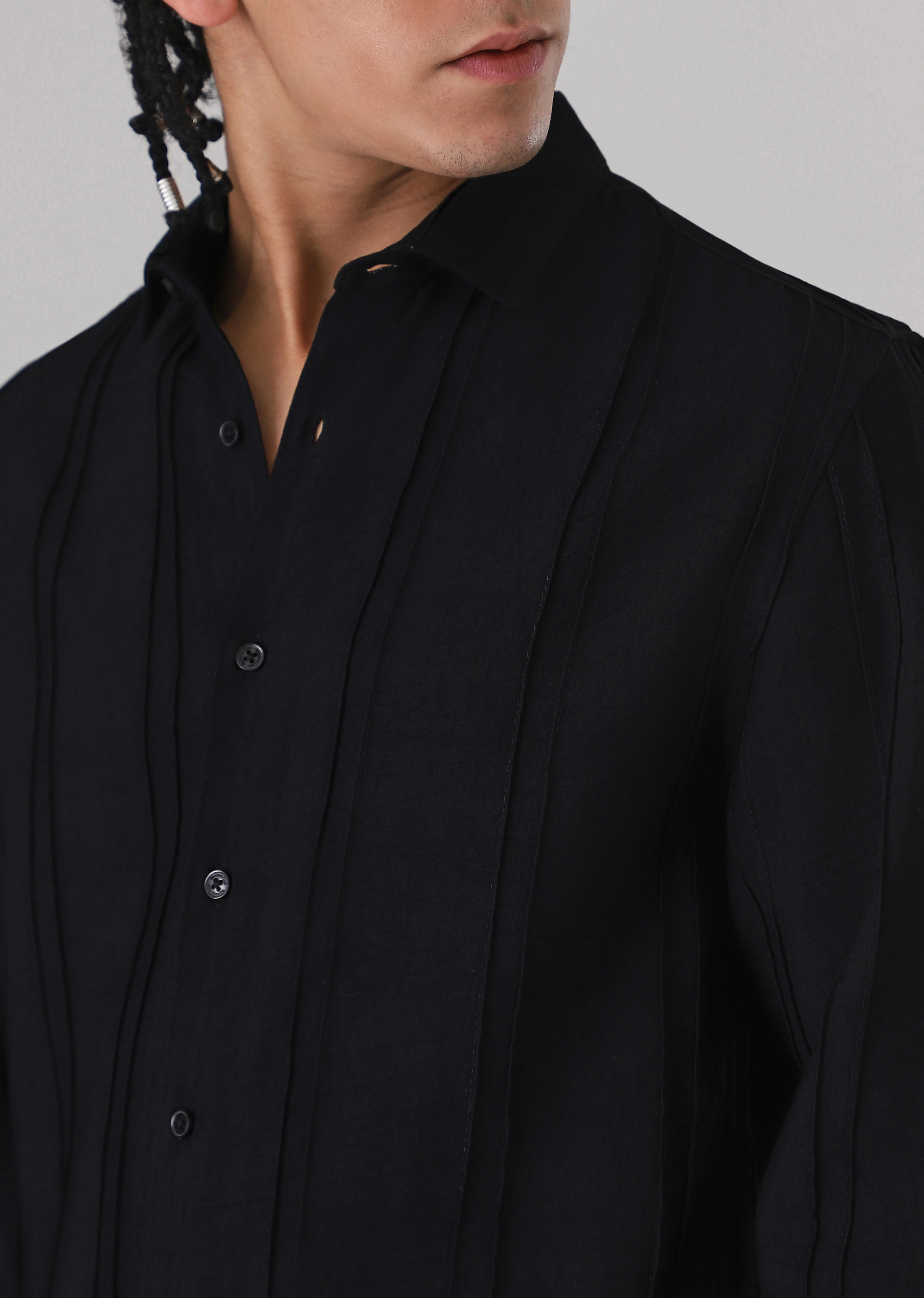 Pintucked Black Plain shirt - Image 2