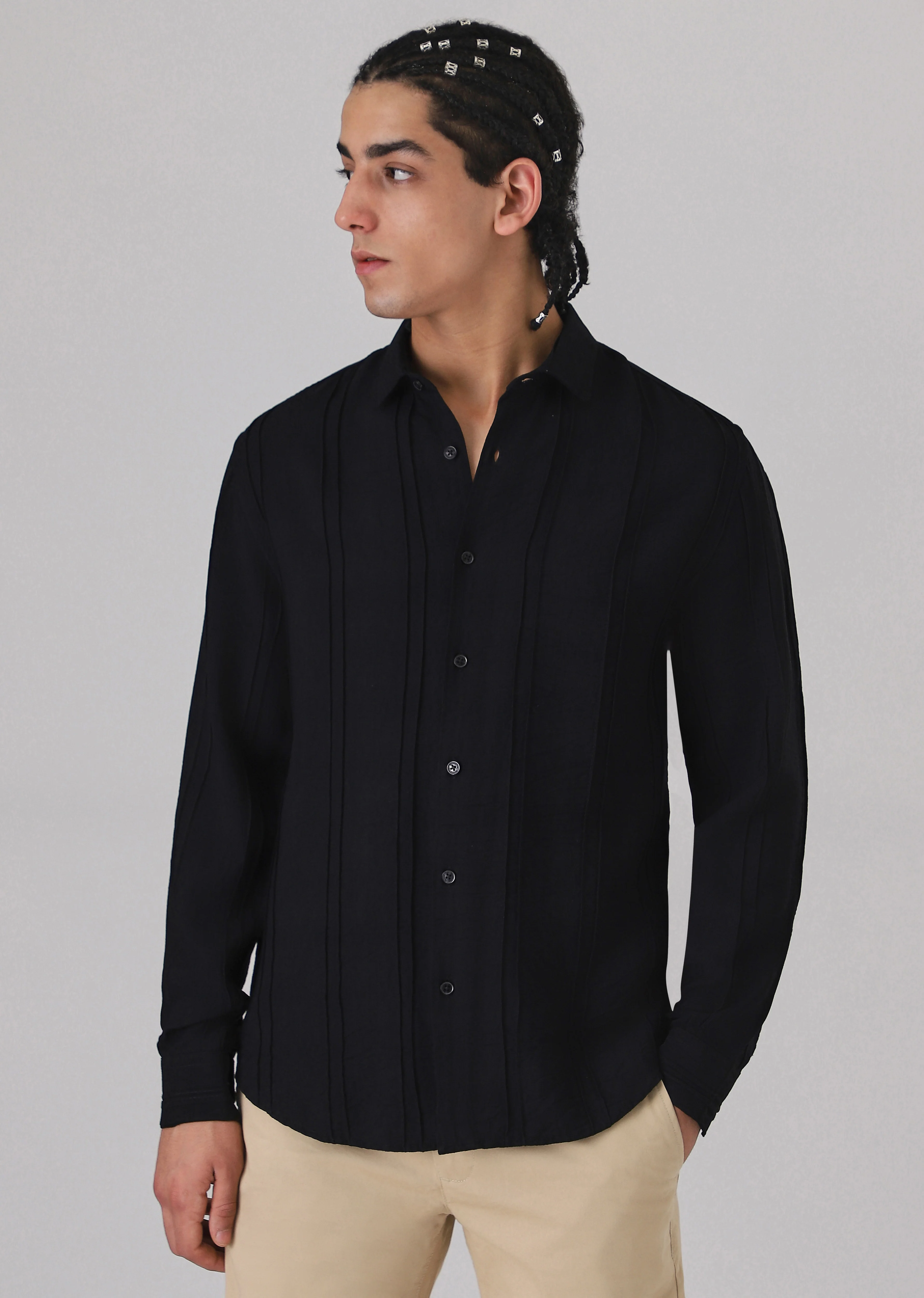 Pintucked Black Plain shirt - Image 3