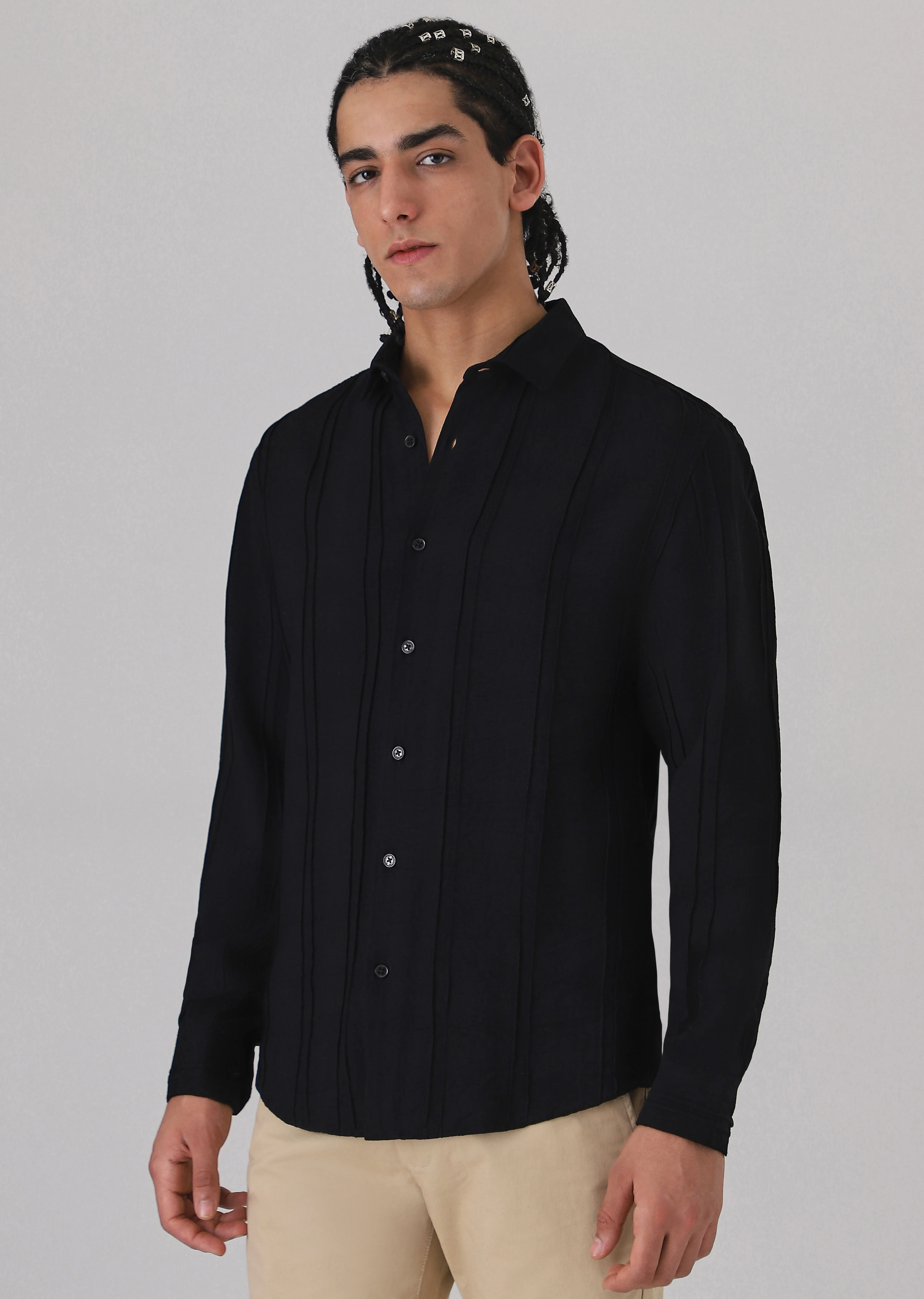 Pintucked Black Plain shirt - Image 5