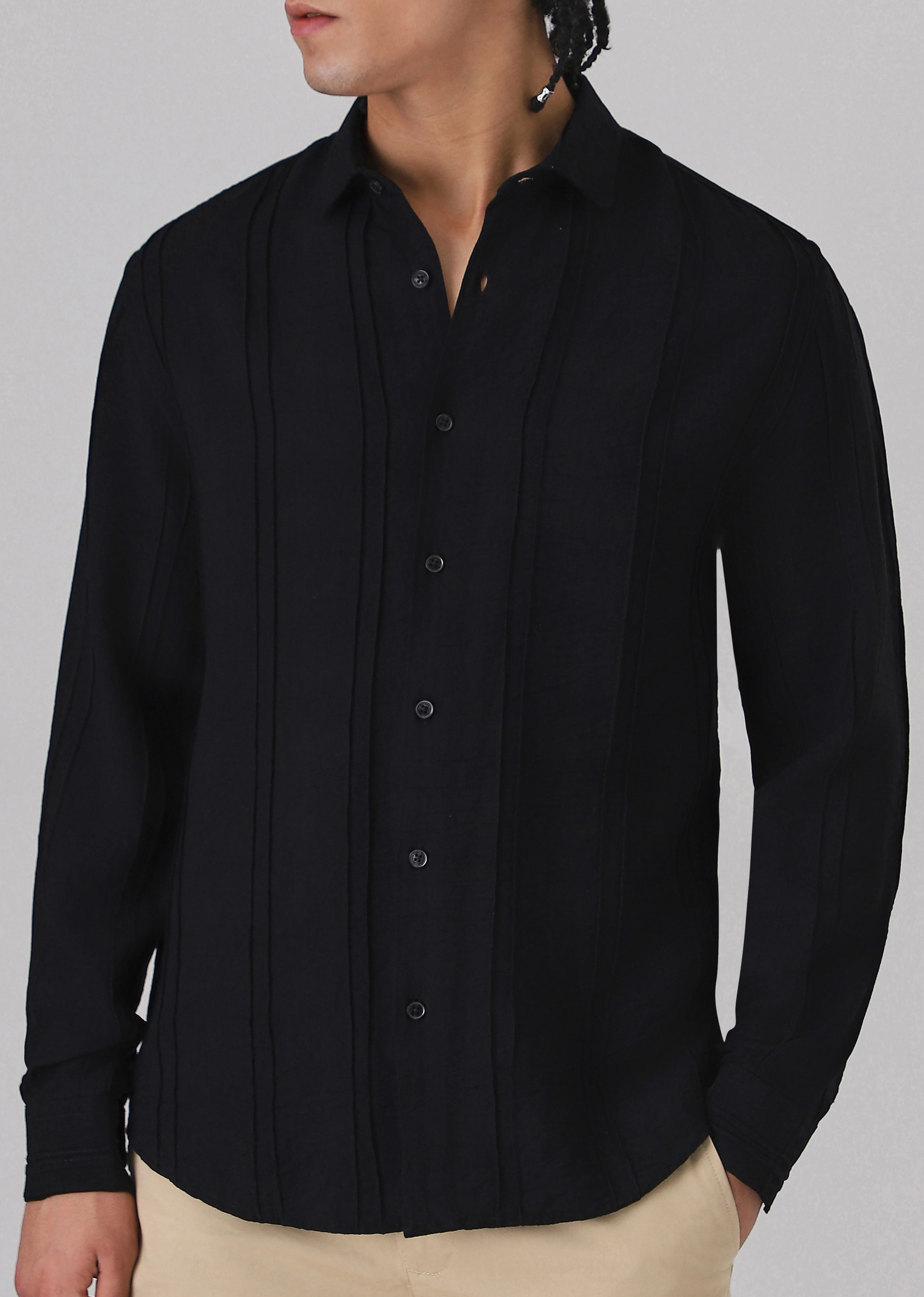 Pintucked Black Plain shirt - Image 7