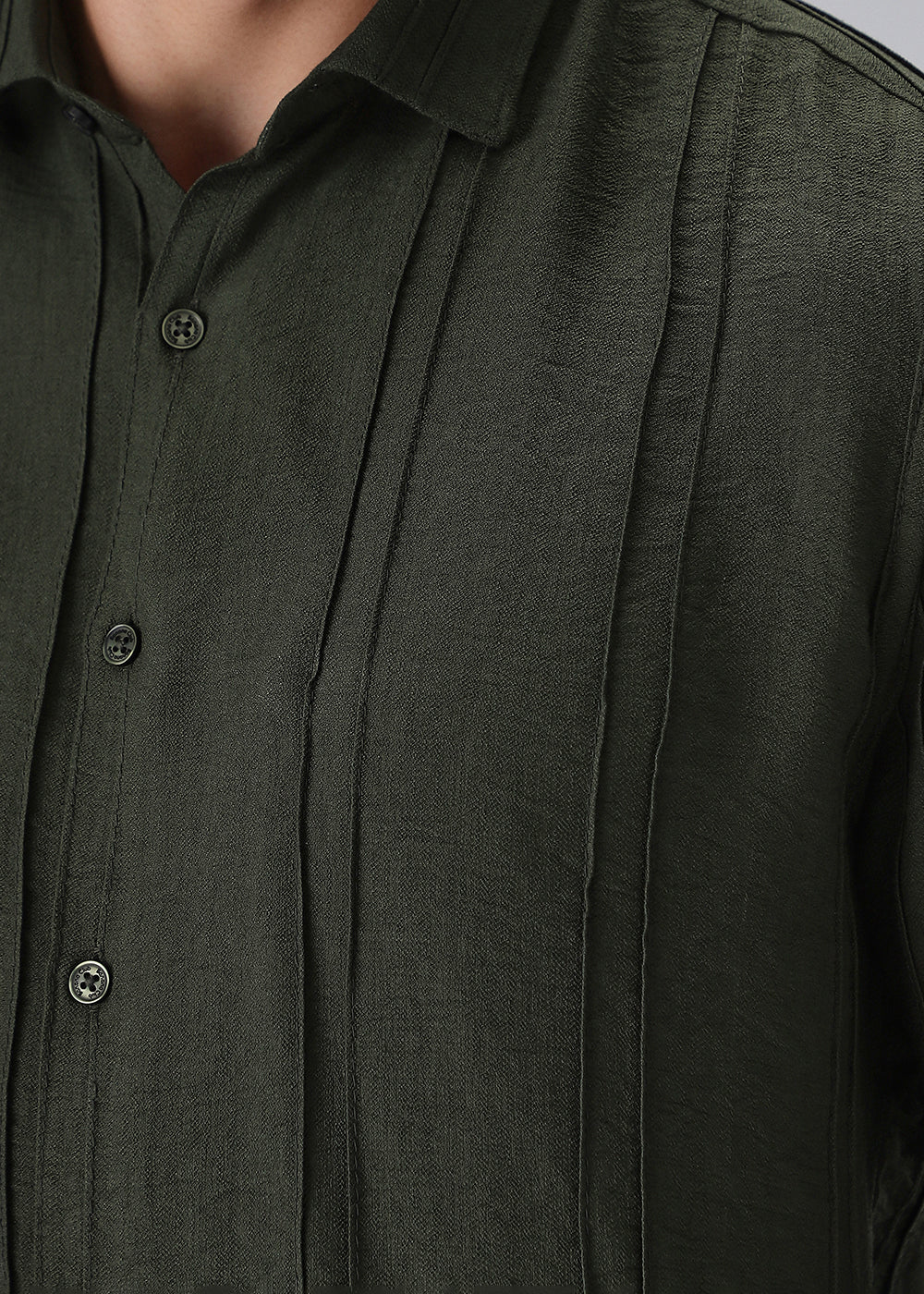 Pintucked Green Plain Shirt - Image 2