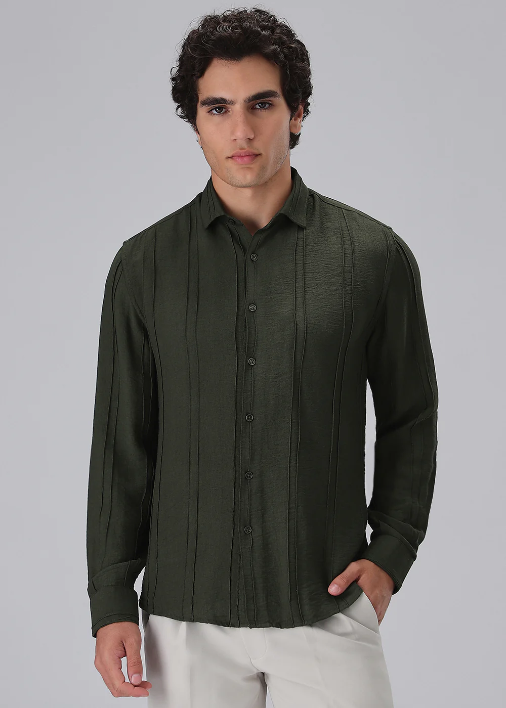 Pintucked Green Plain Shirt - Image 3