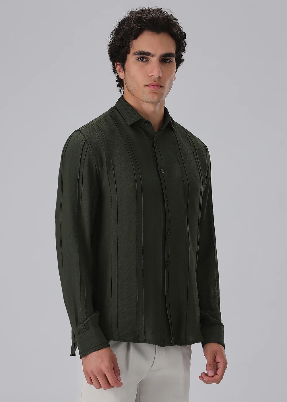 Pintucked Green Plain Shirt - Image 5