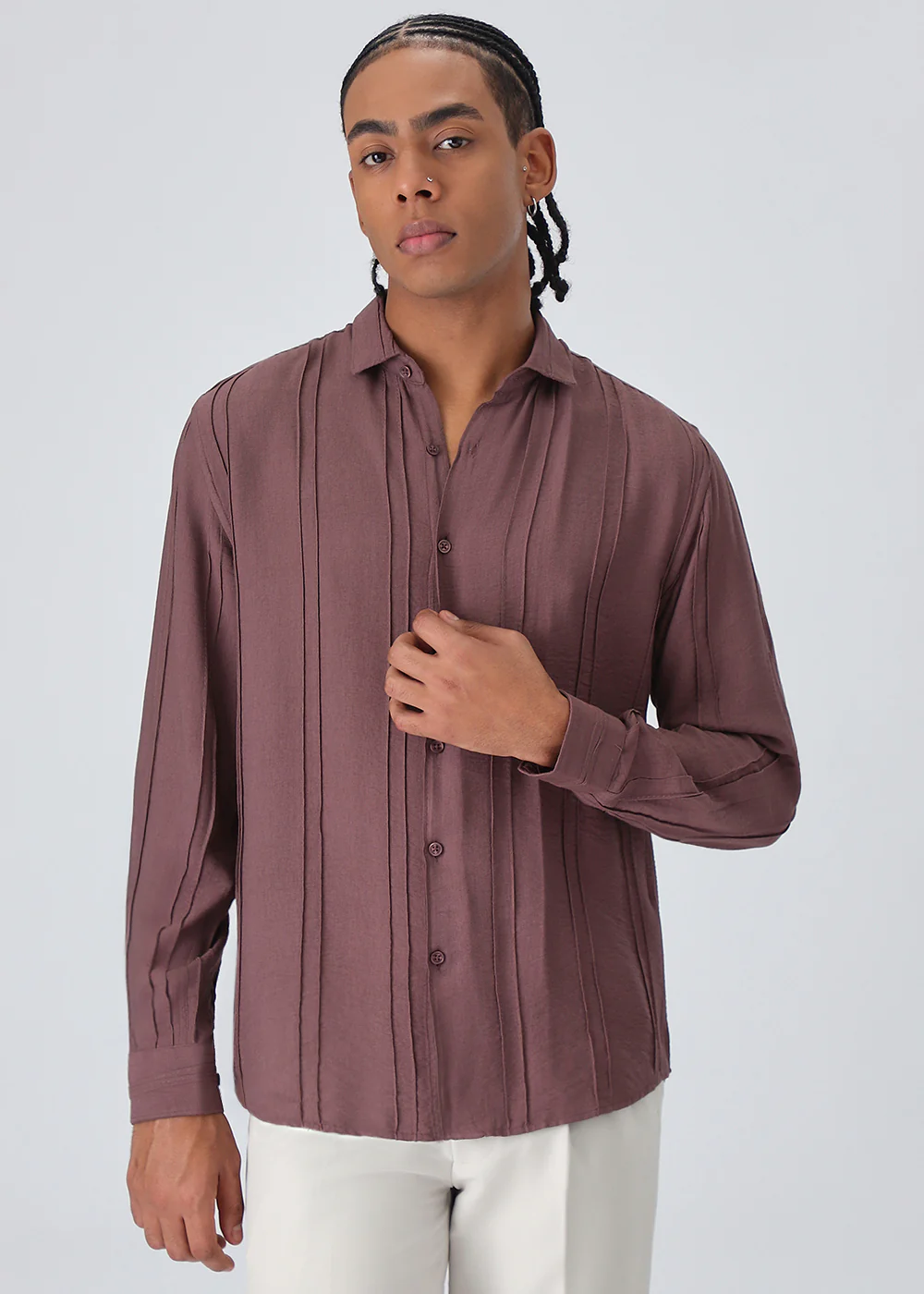 Pintucked Mauve Pink Plain Shirt - Image 3