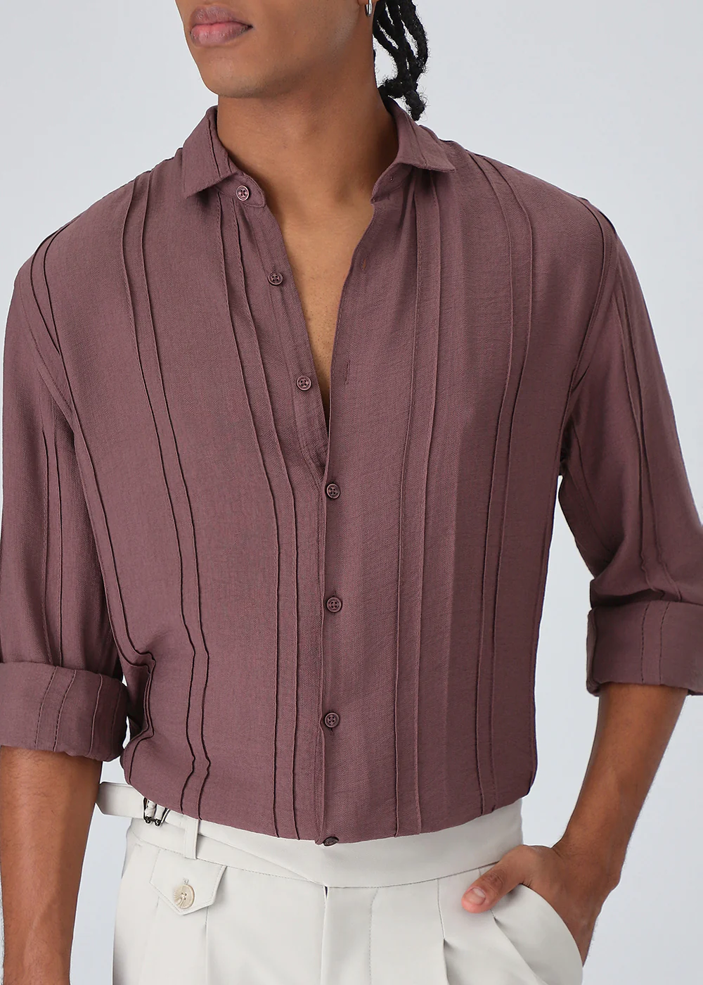 Pintucked Mauve Pink Plain Shirt - Image 7