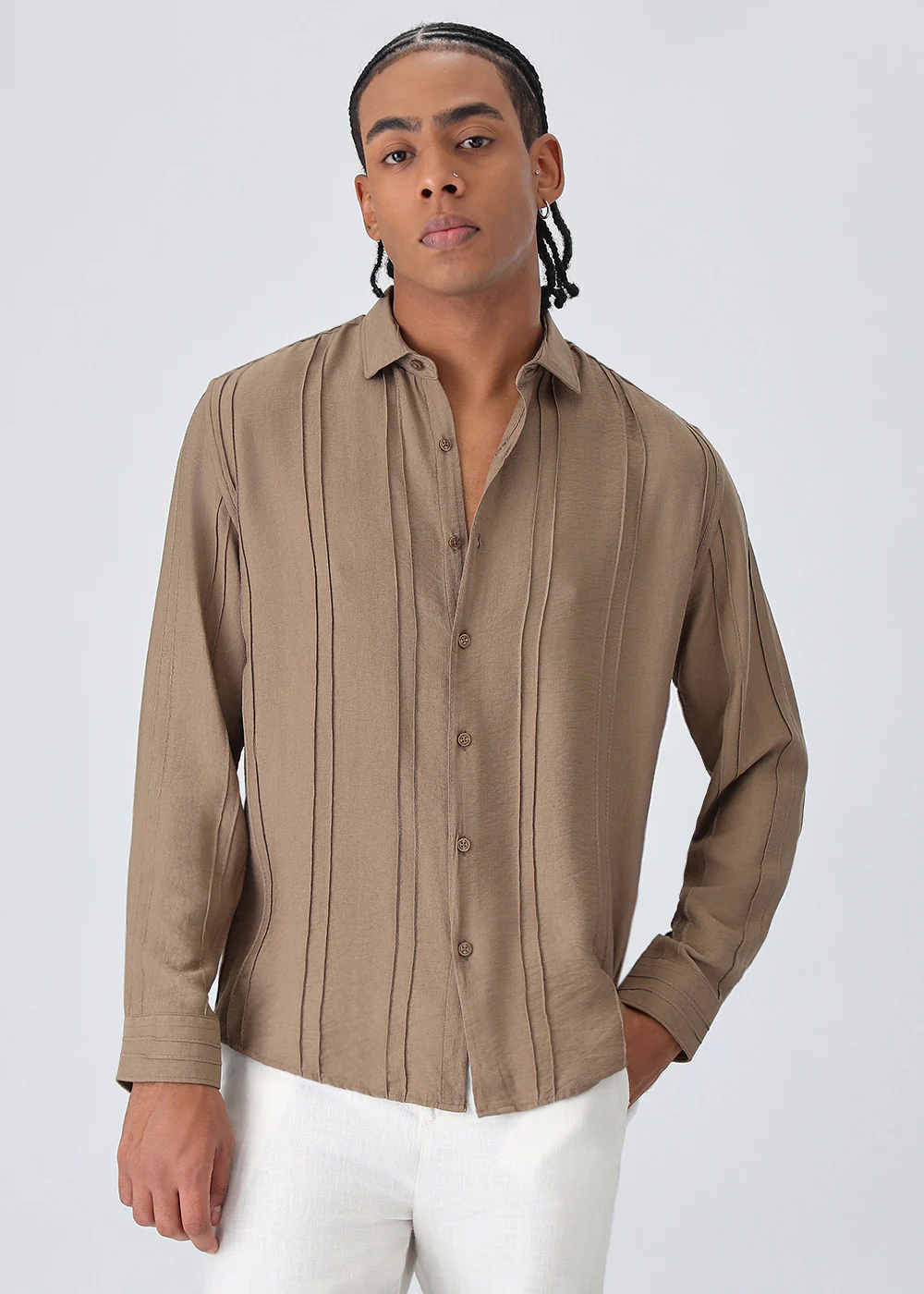 Pintucked Tan Brown Plain Shirt - Image 3