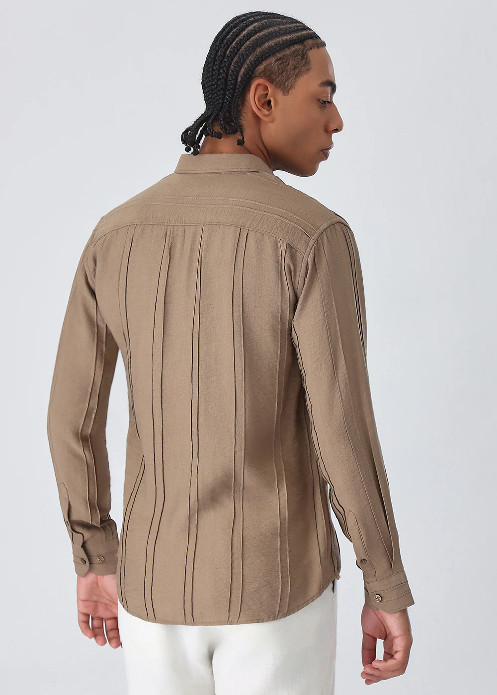 Pintucked Tan Brown Plain Shirt - Image 4