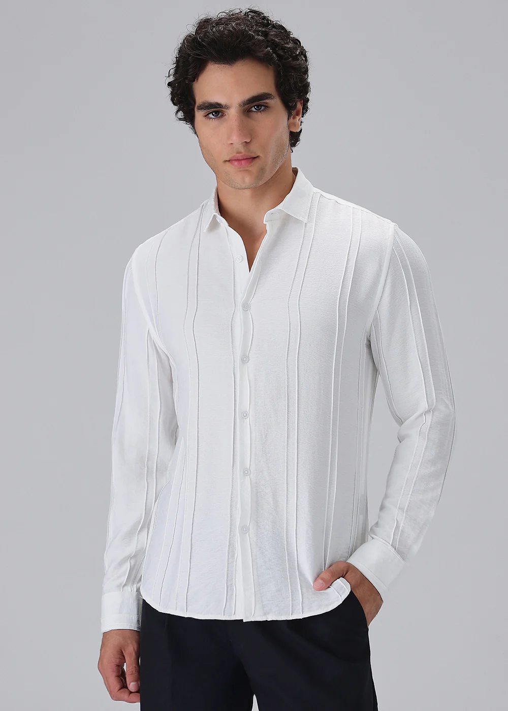 Pintucked White Plain Shirt - Image 3