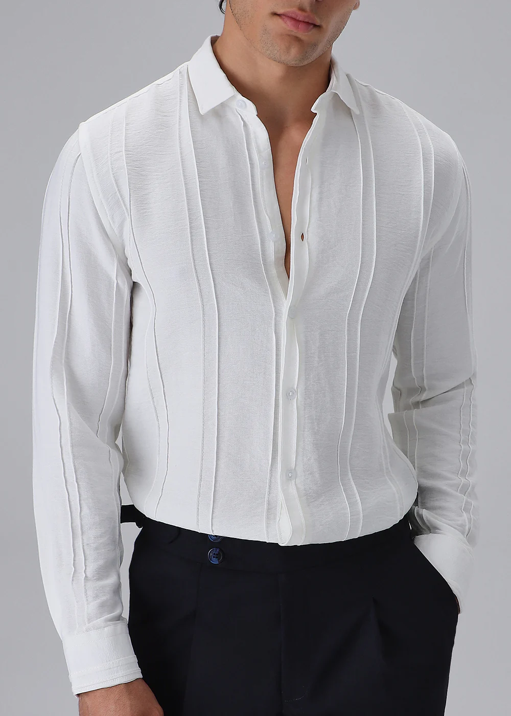 Pintucked White Plain Shirt - Image 7