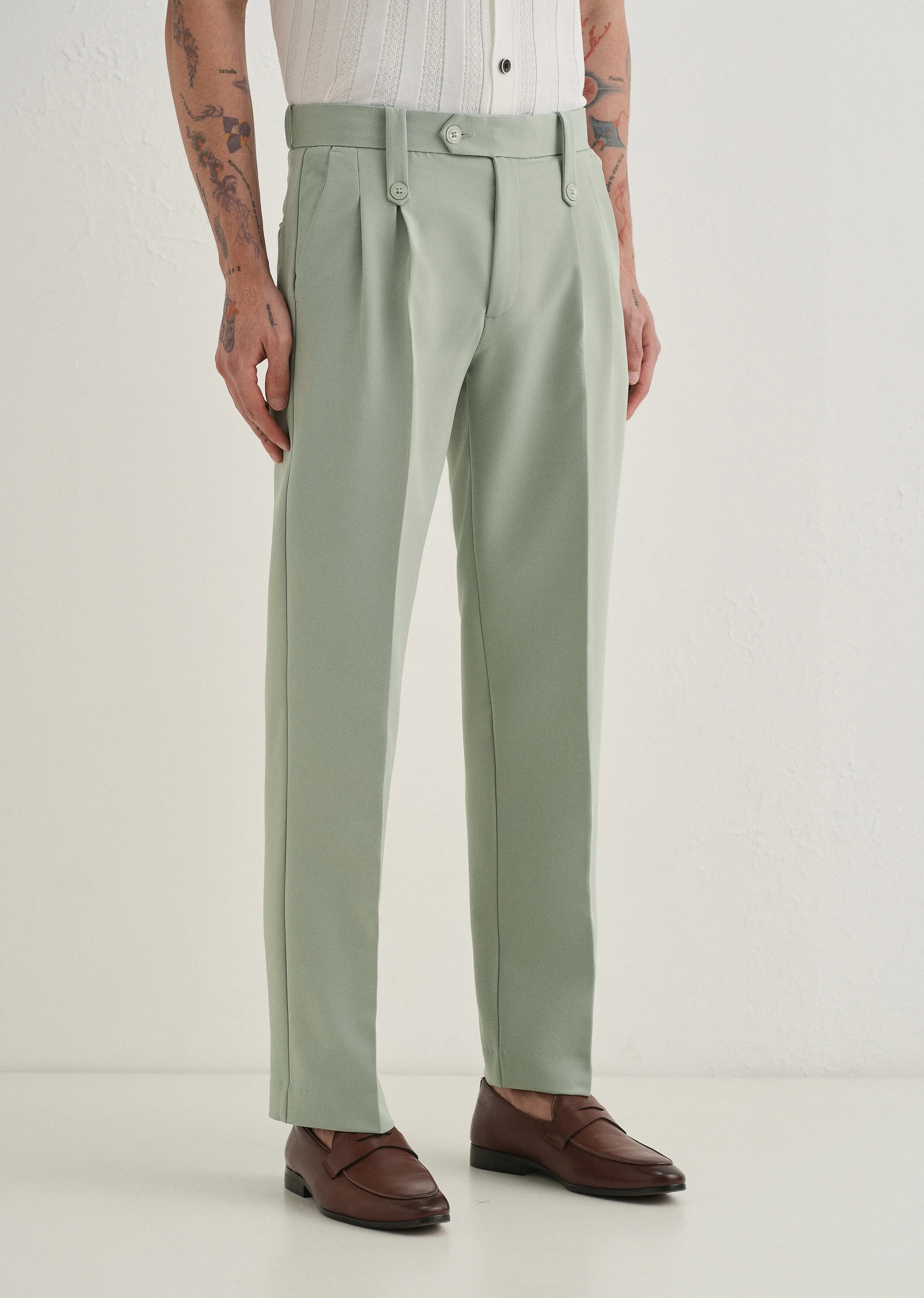 Pistachio Green Button-Tab Pleat Trouser - Image 4