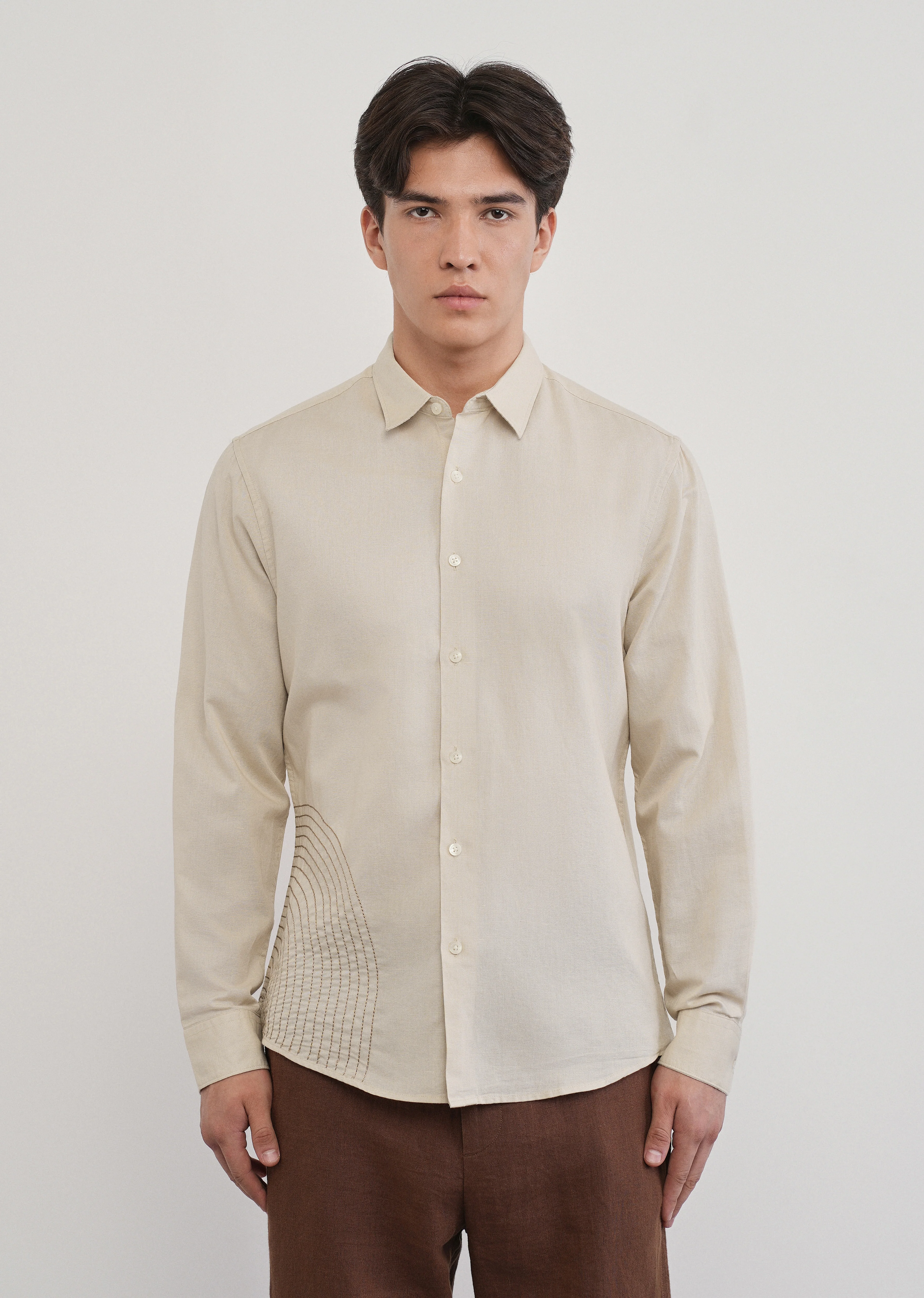 Placement Embroidered Beige Shirt - Image 3
