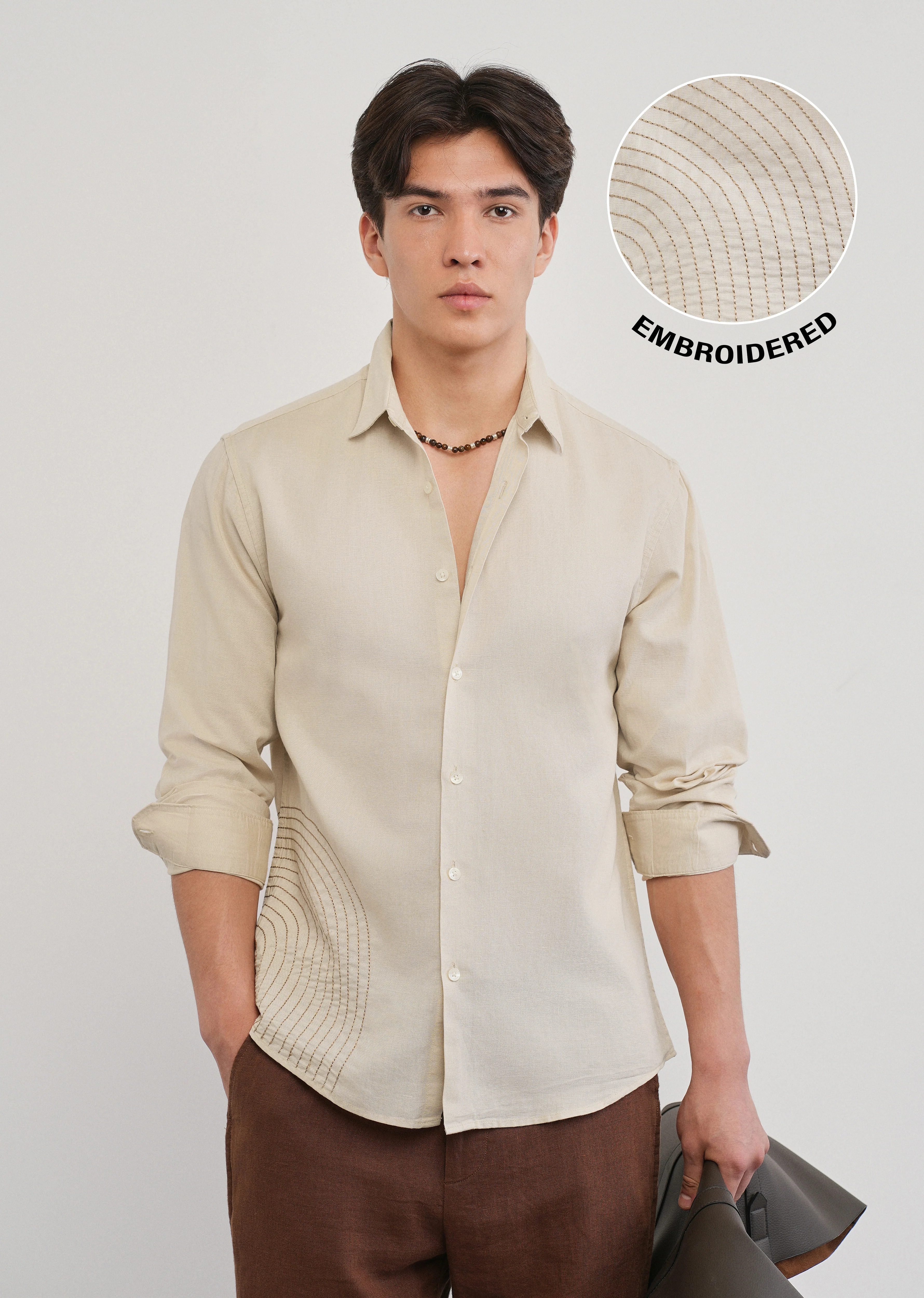 Placement Embroidered Beige Shirt - Image 8