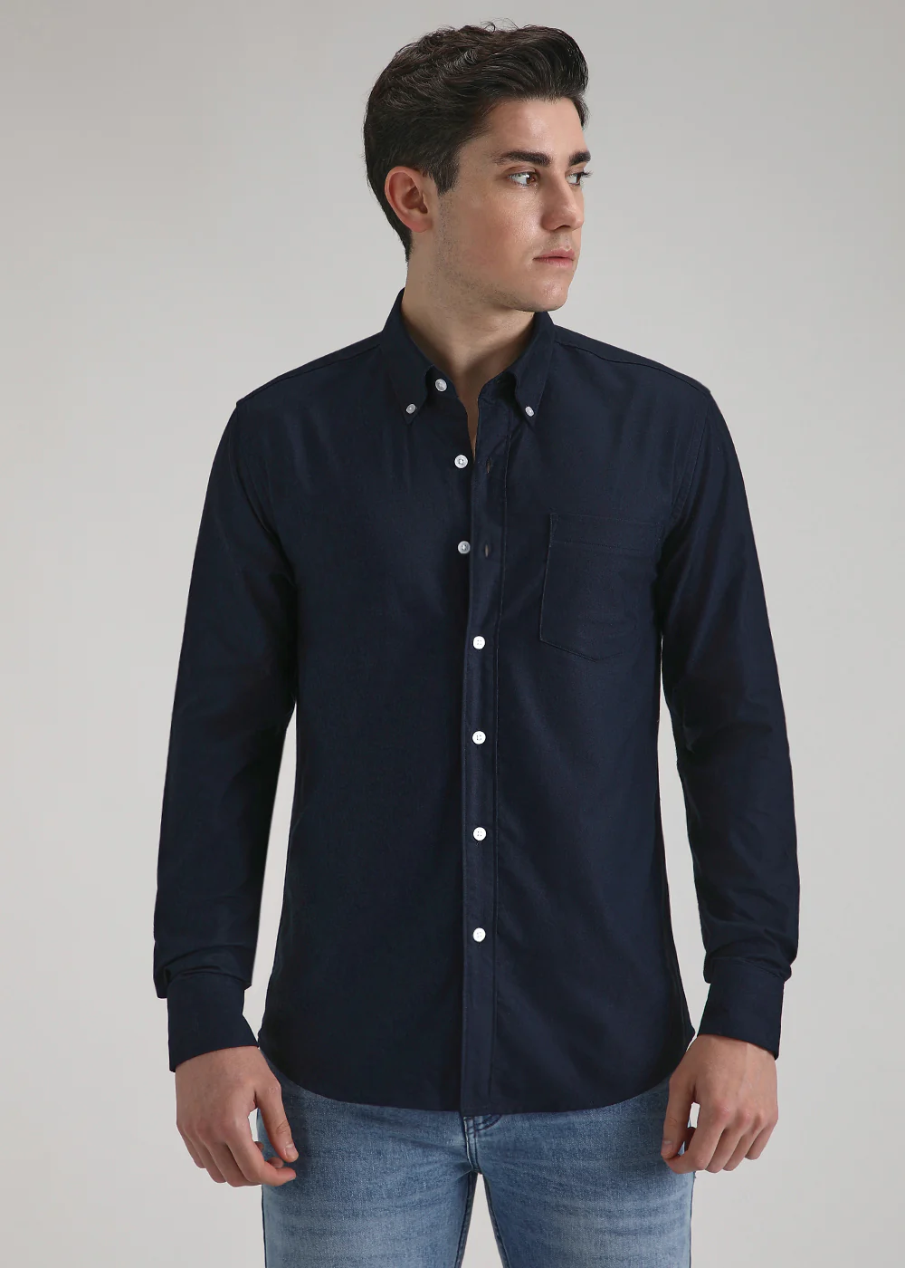 Prussian Blue Plain Cotton Oxford Shirt - Image 3