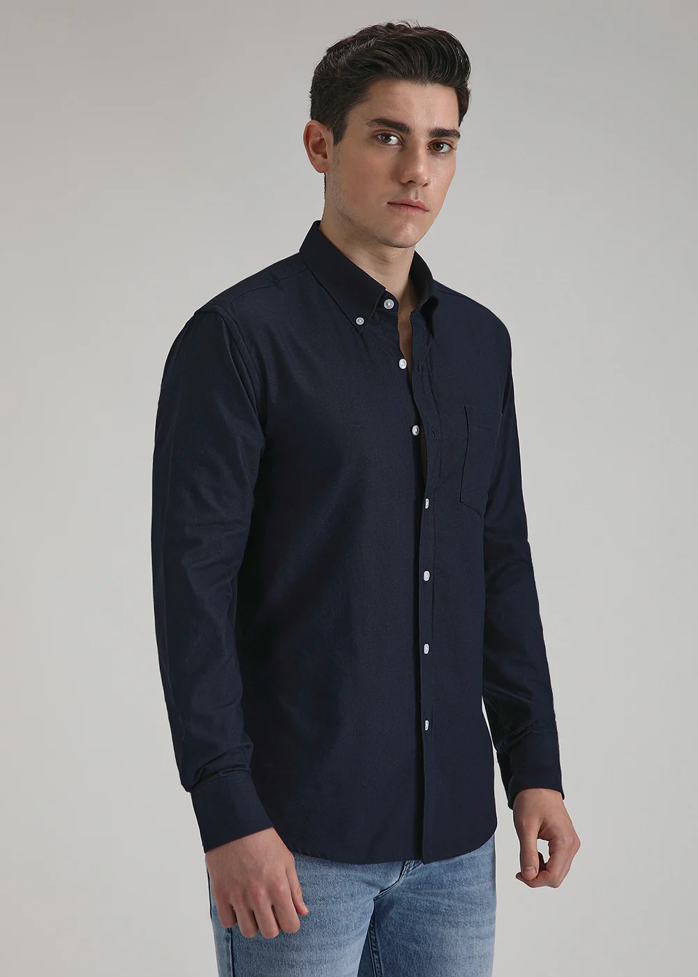 Prussian Blue Plain Cotton Oxford Shirt - Image 5