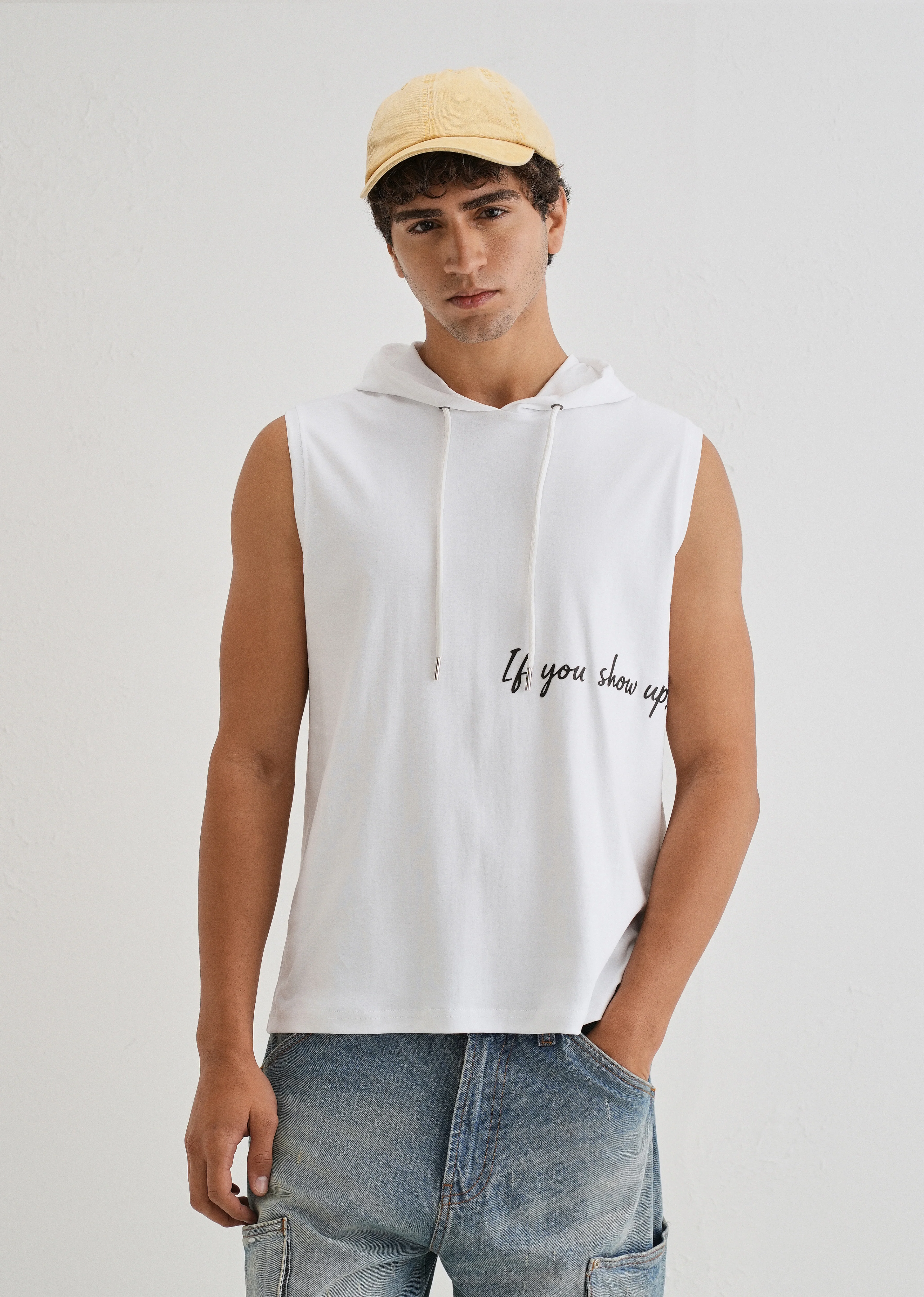 Pure White Typography Printed Hoodie Tank - Image 3