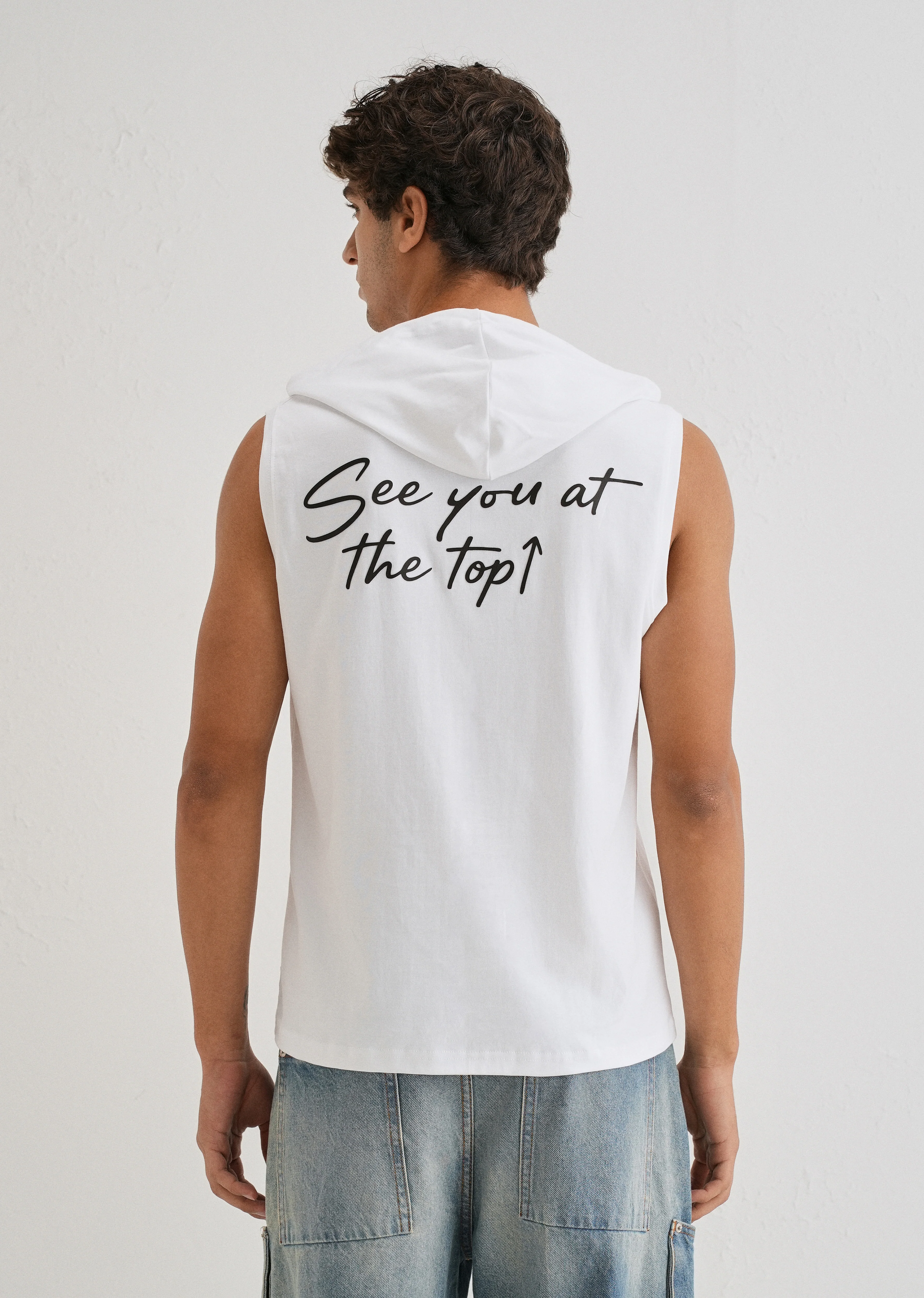Pure White Typography Printed Hoodie Tank - Image 4