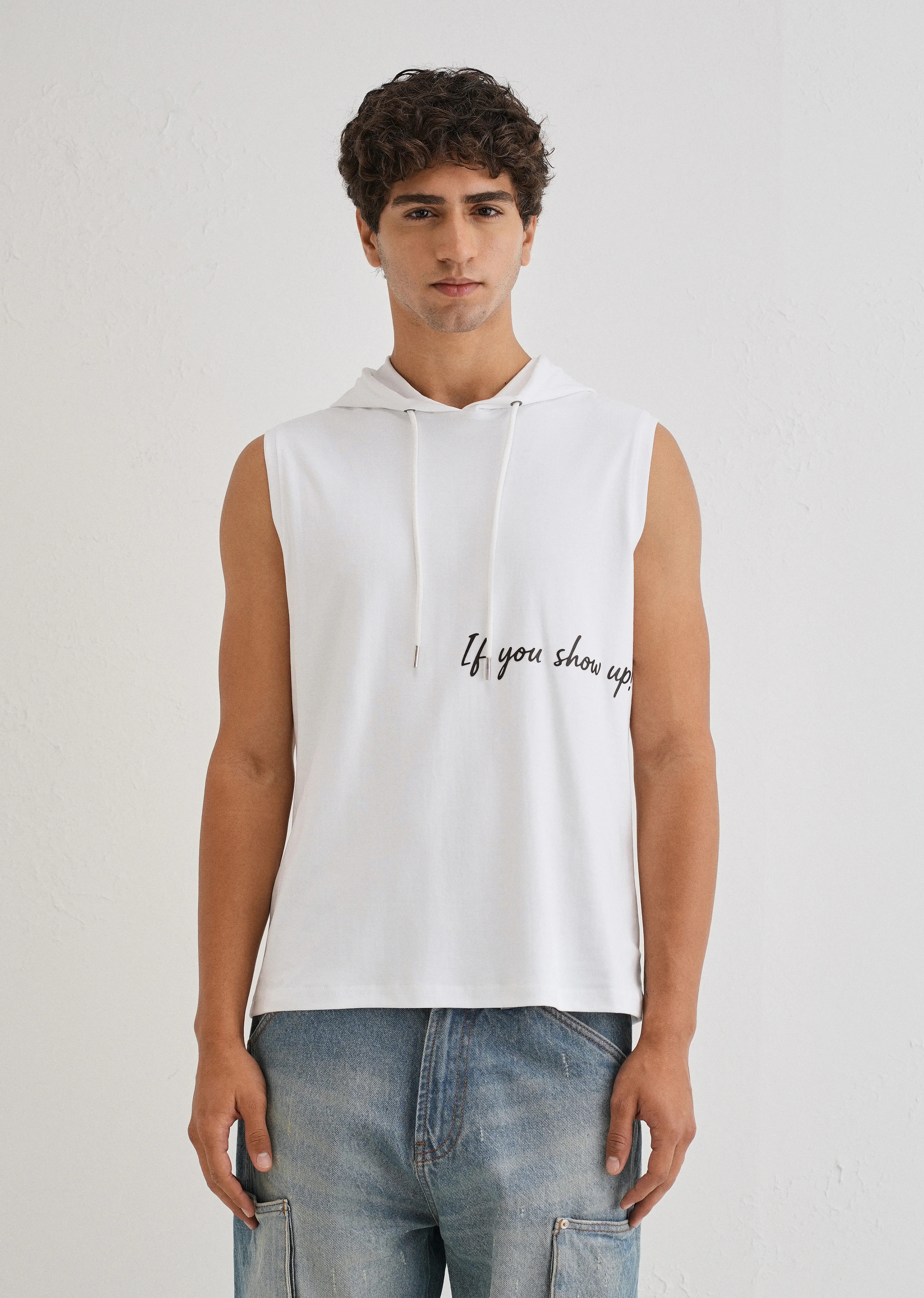 Pure White Typography Printed Hoodie Tank - Image 5
