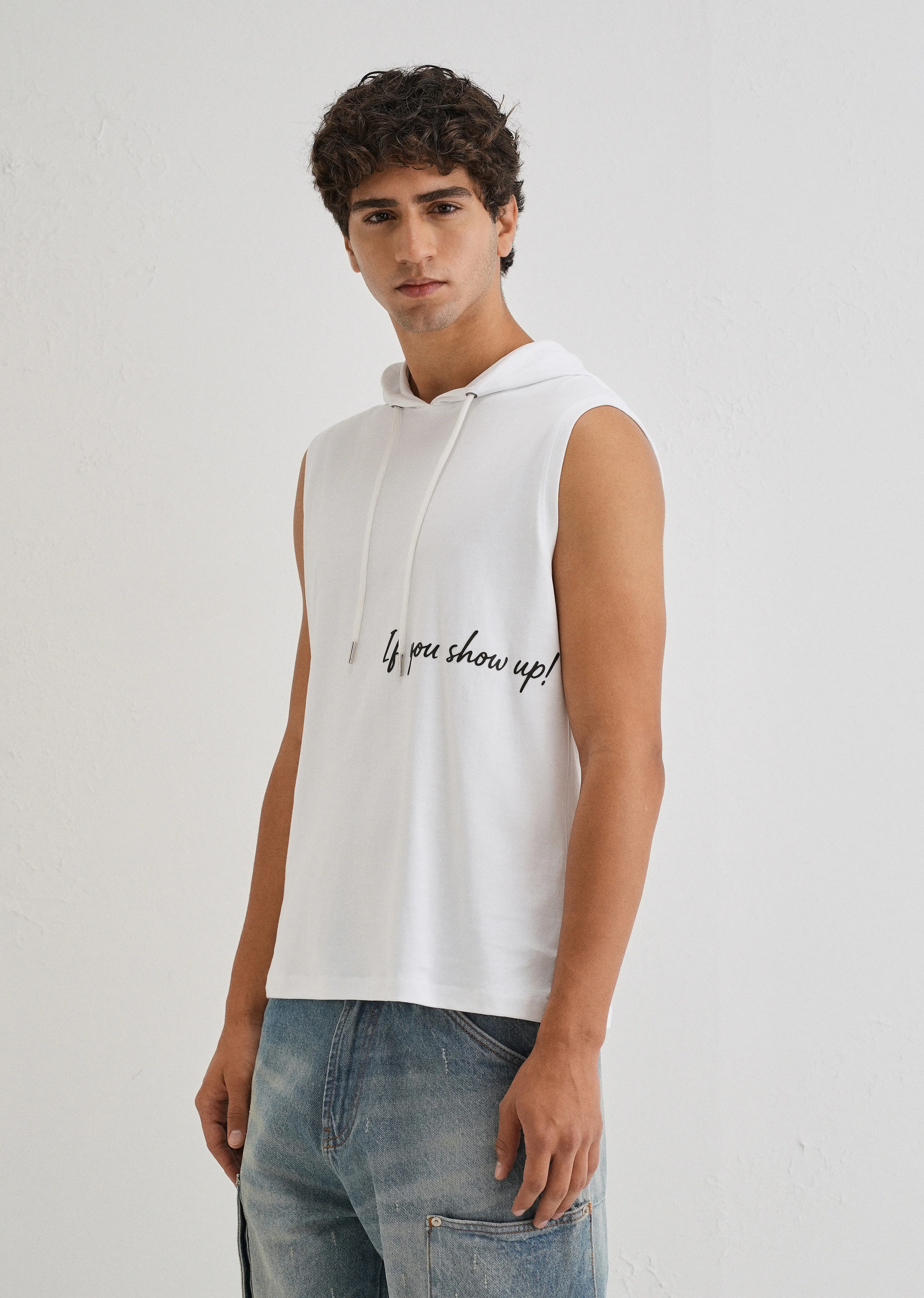 Pure White Typography Printed Hoodie Tank - Image 6
