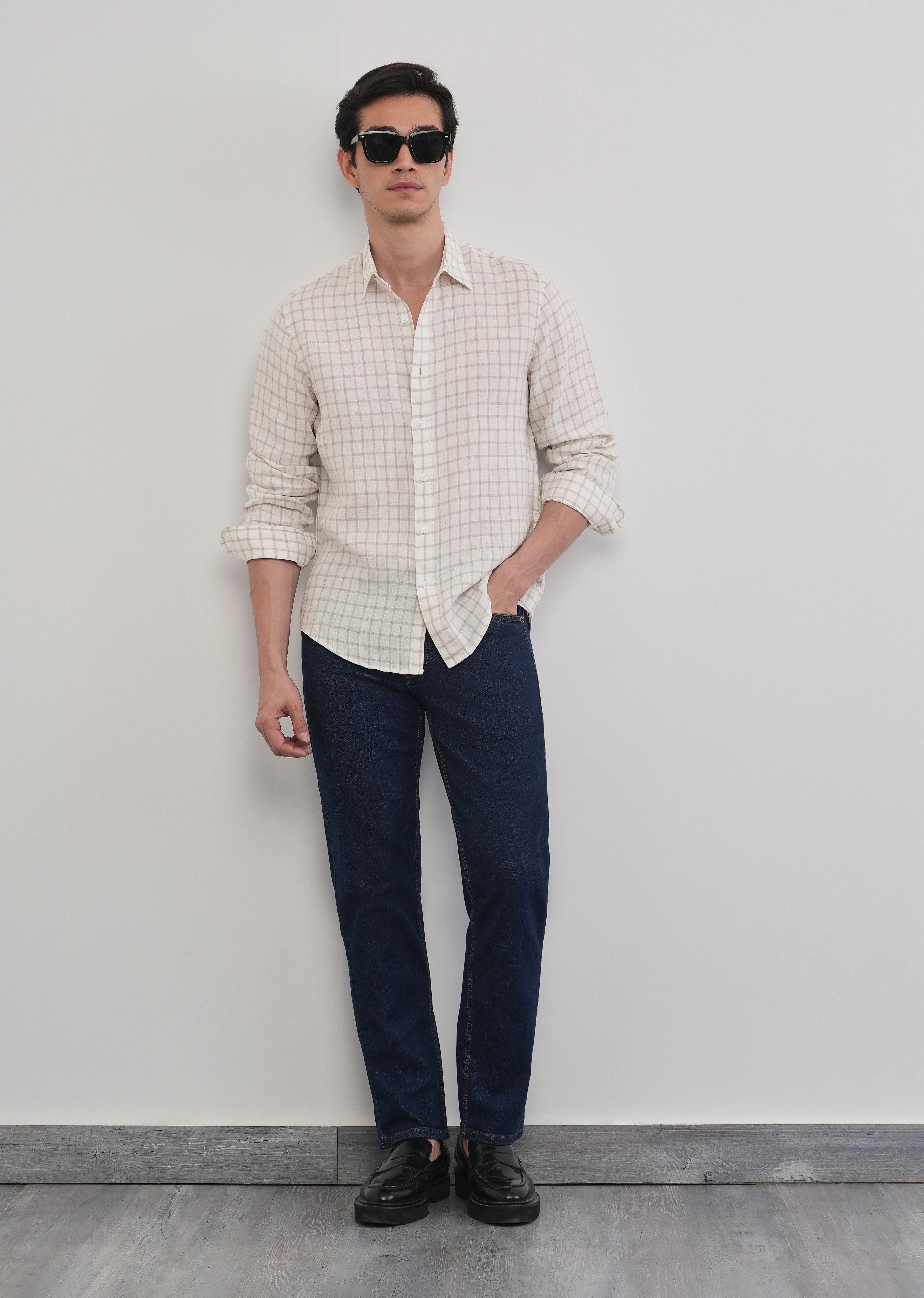 Purple 100% Pure Linen Classic Check Shirt - Image 6