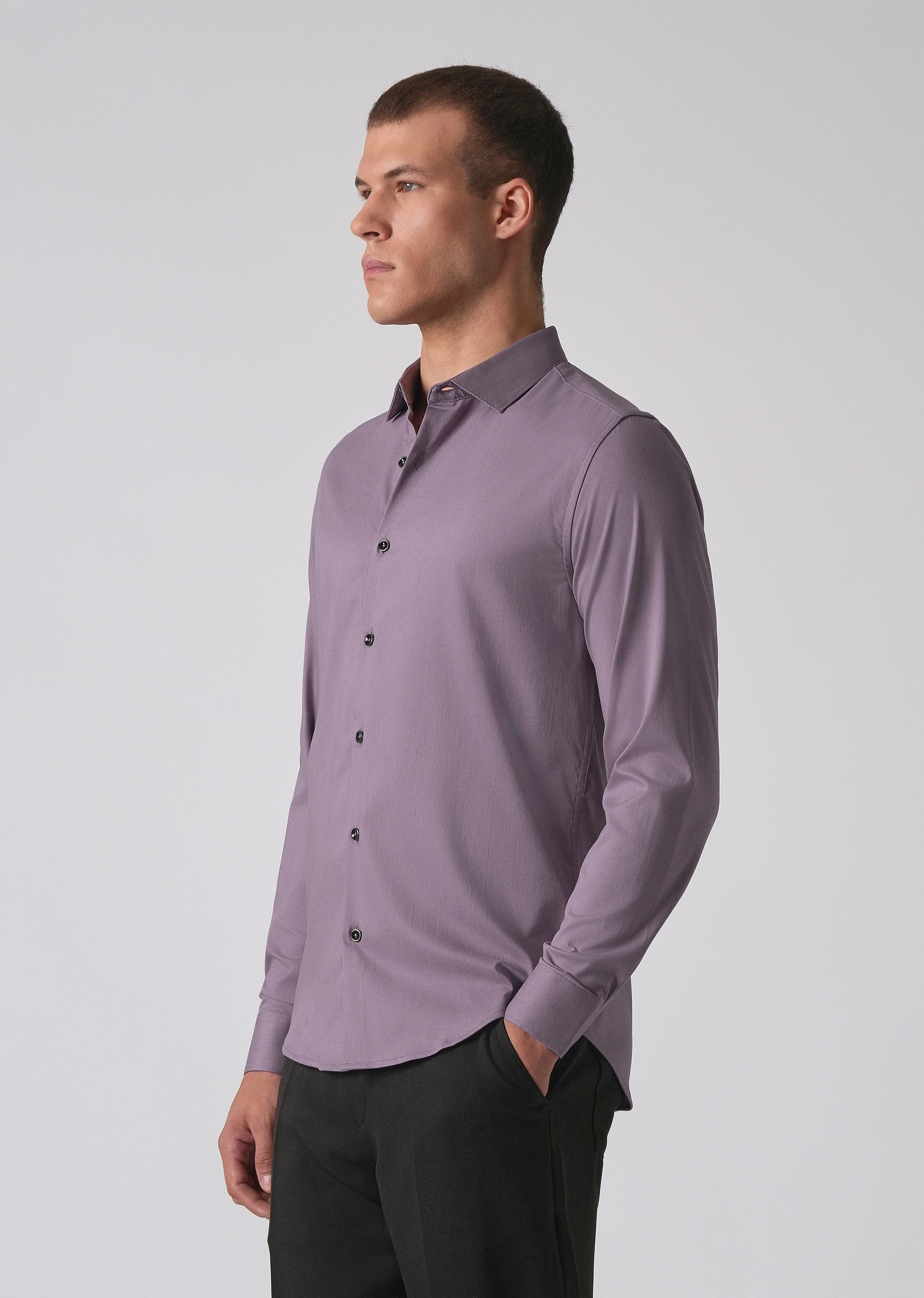 Purple Cotton Stretch Plain Shirt - Image 4