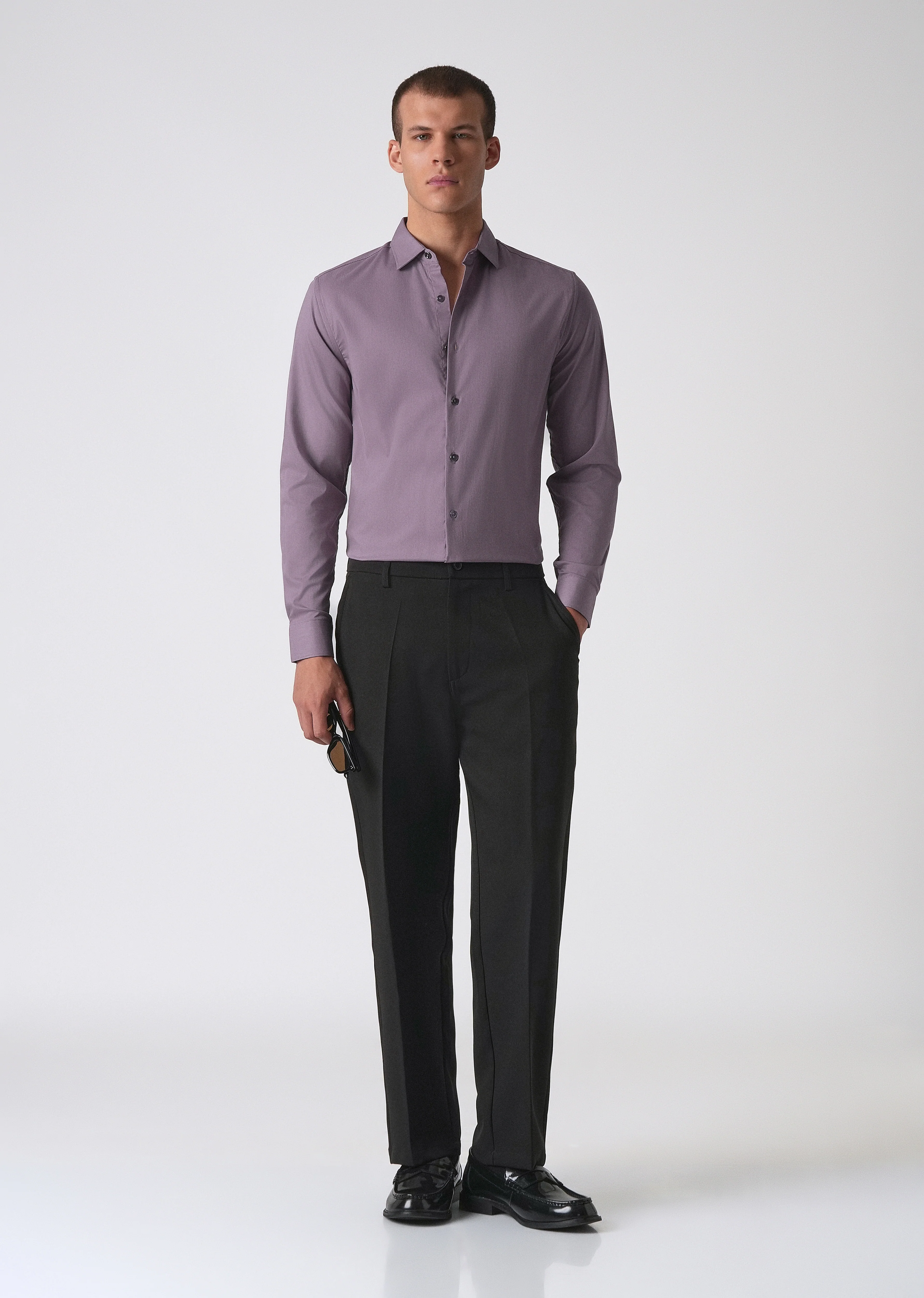 Purple Cotton Stretch Plain Shirt - Image 6