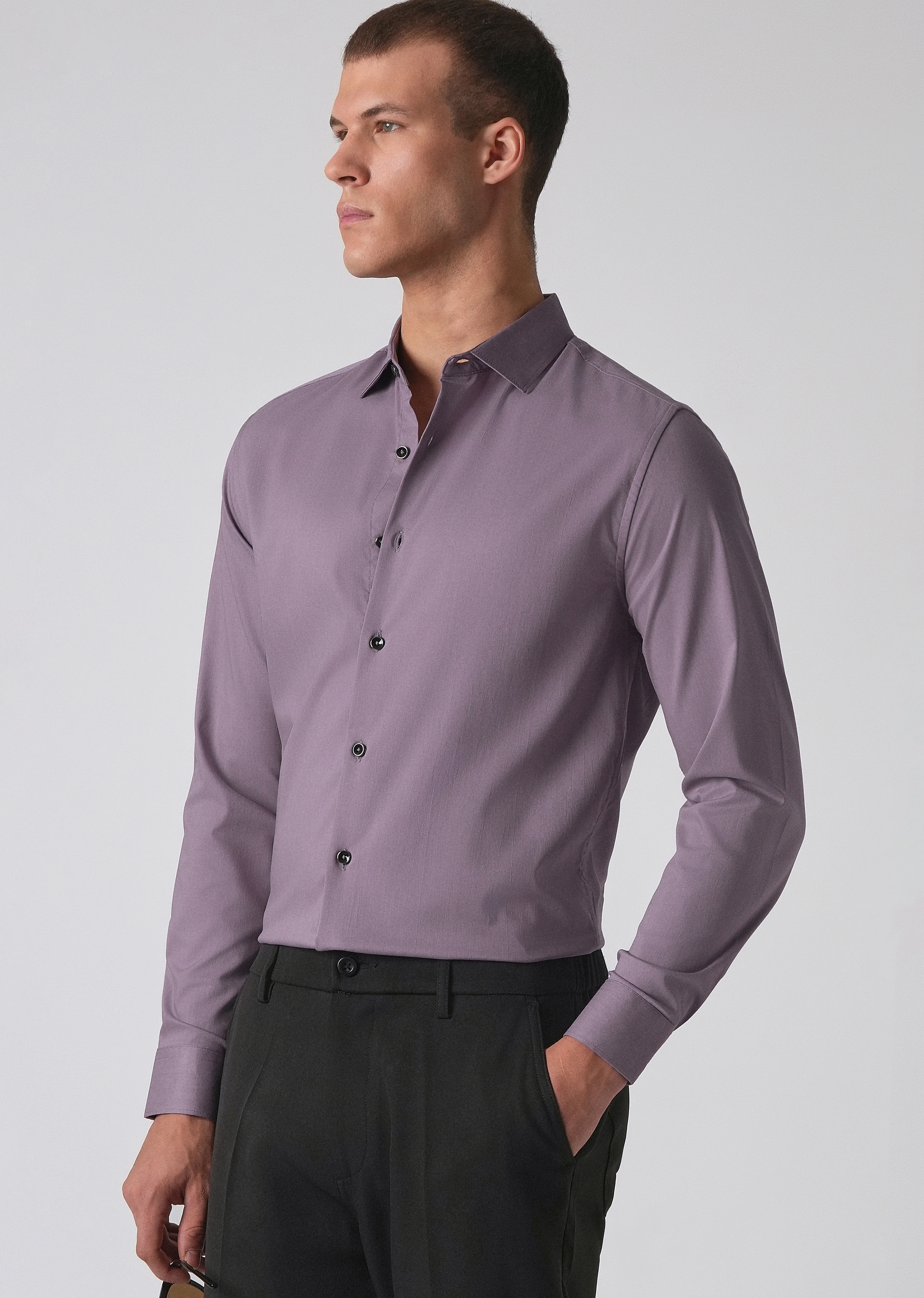 Purple Cotton Stretch Plain Shirt - Image 7
