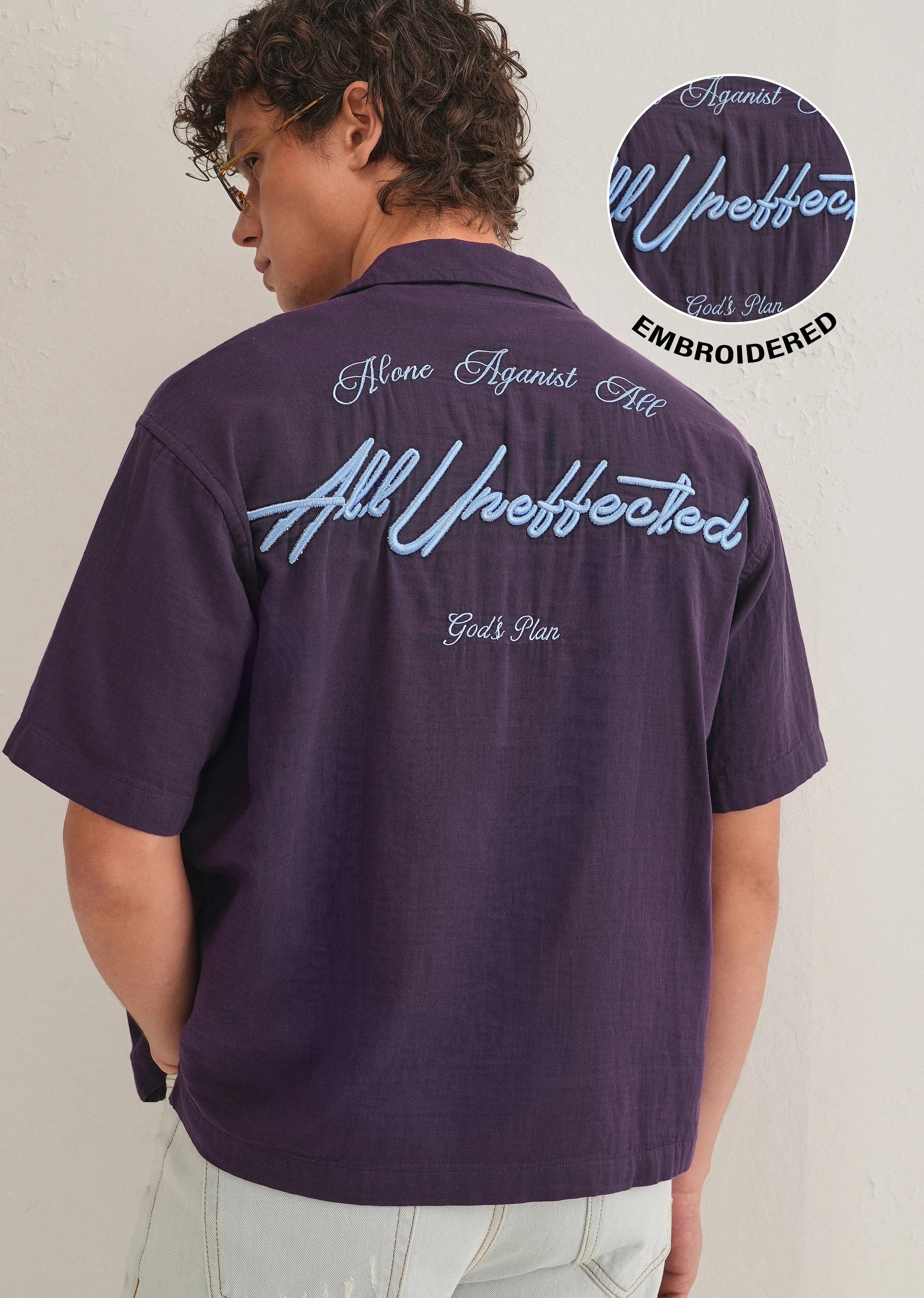 Purple Embroidered Double Cloth Cotton Shirt - Image 8
