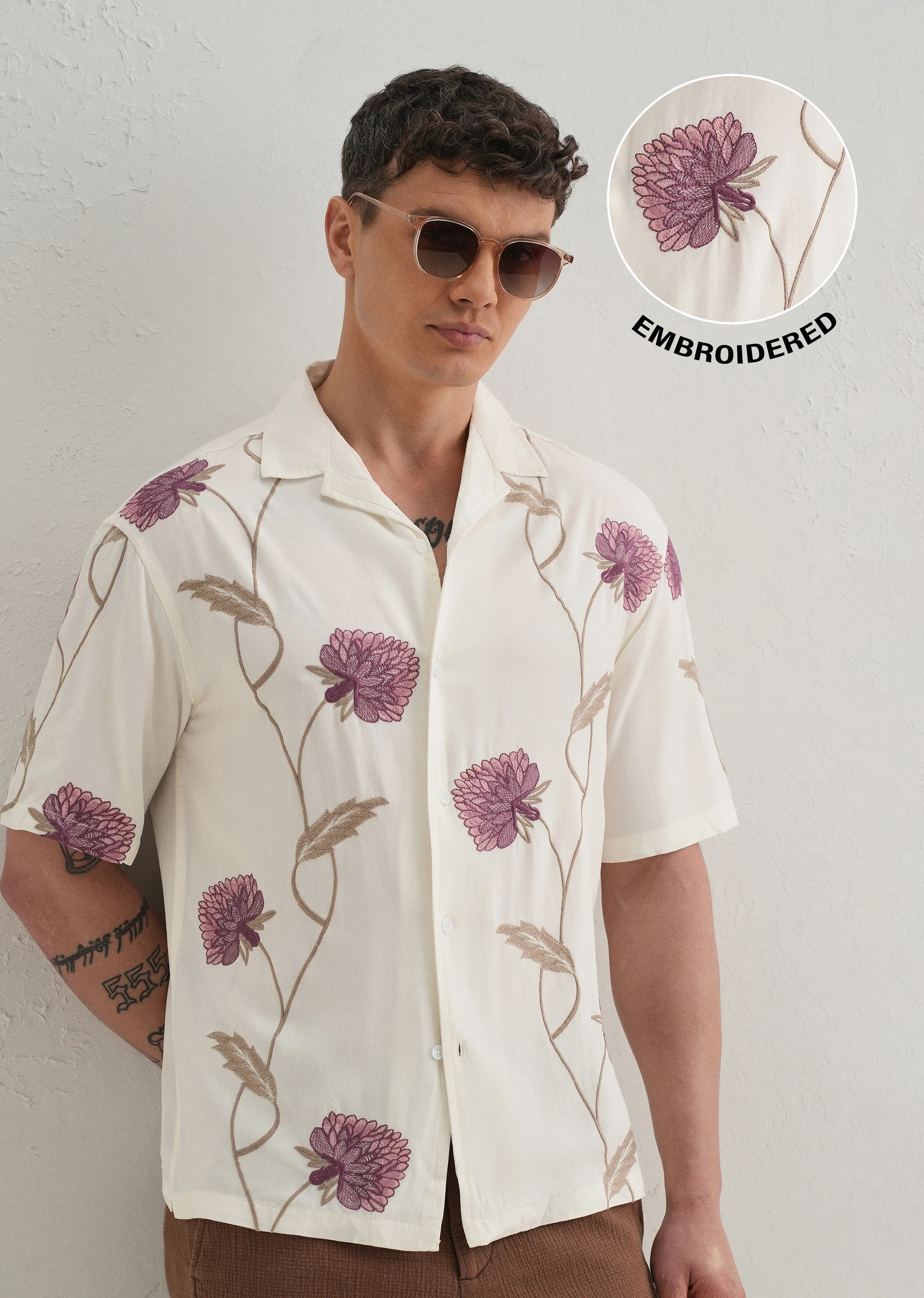 Purple Floral Front Embroidery Shirt - Image 7
