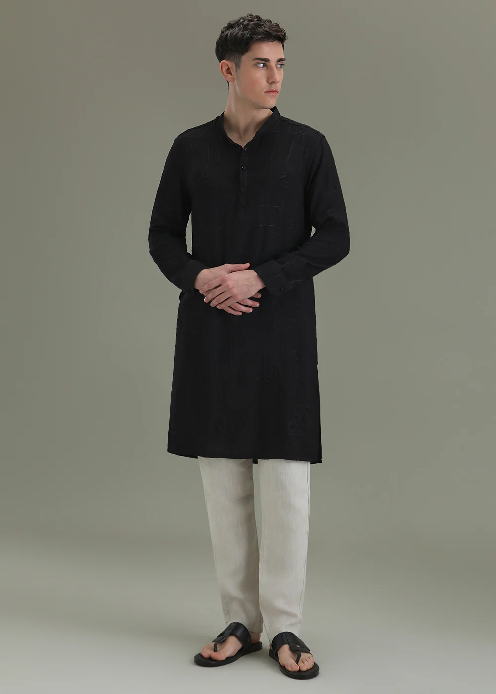 Raven Black Self Thread Embroidered Kurta - Image 3
