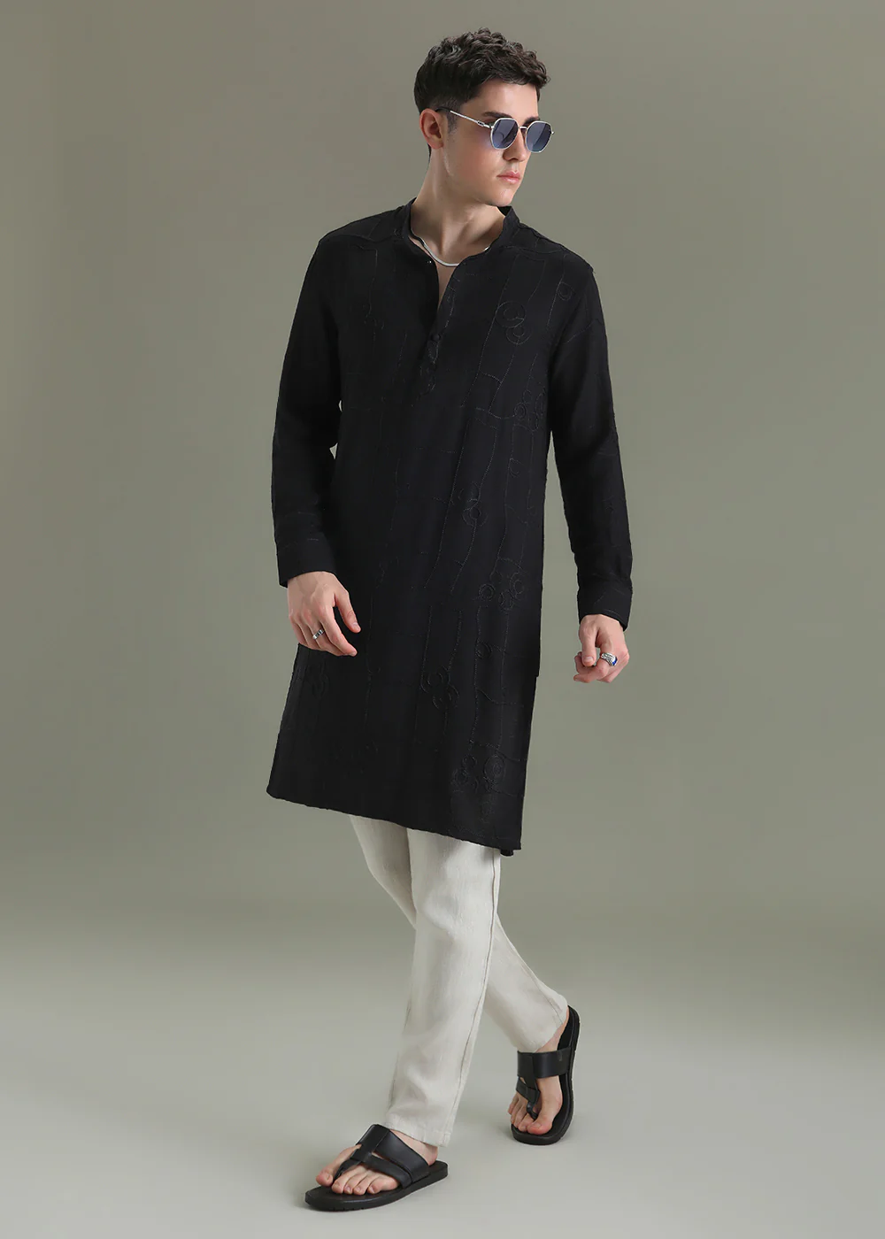 Raven Black Self Thread Embroidered Kurta - Image 6