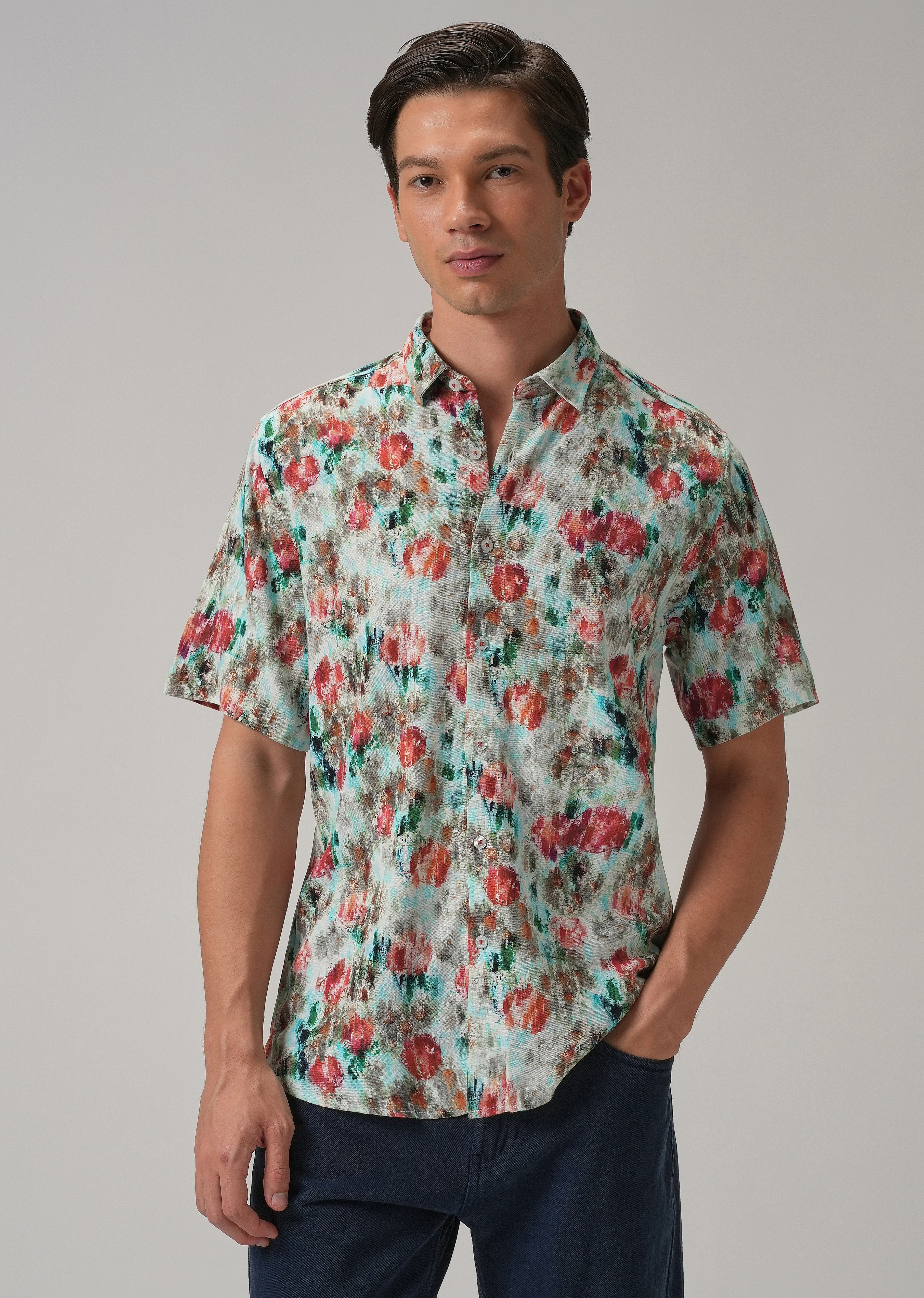 Red Abstract Patch Half Sleeve shirt - Image 3