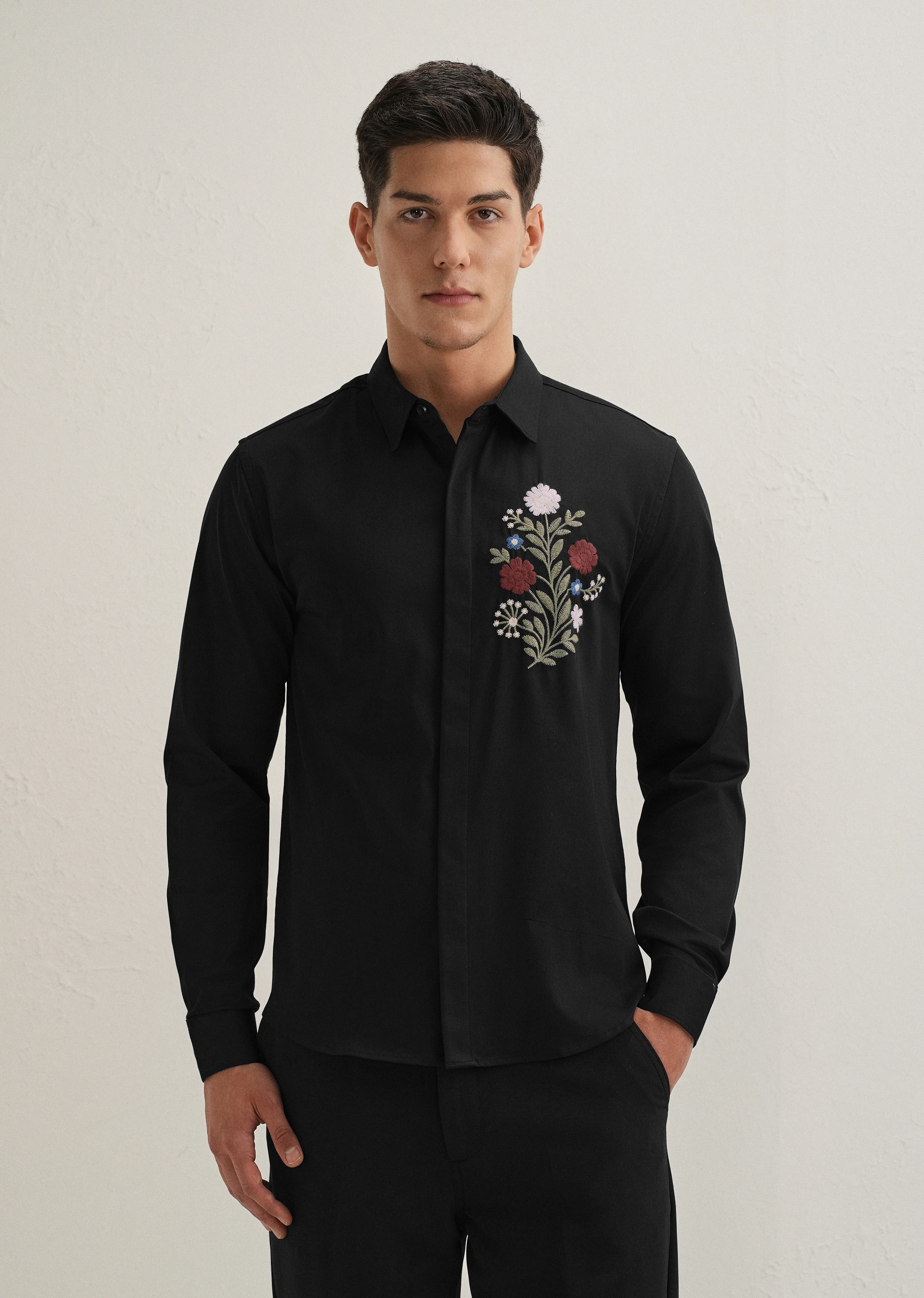Red Floral Embroidery Black Designer Shirt - Image 3