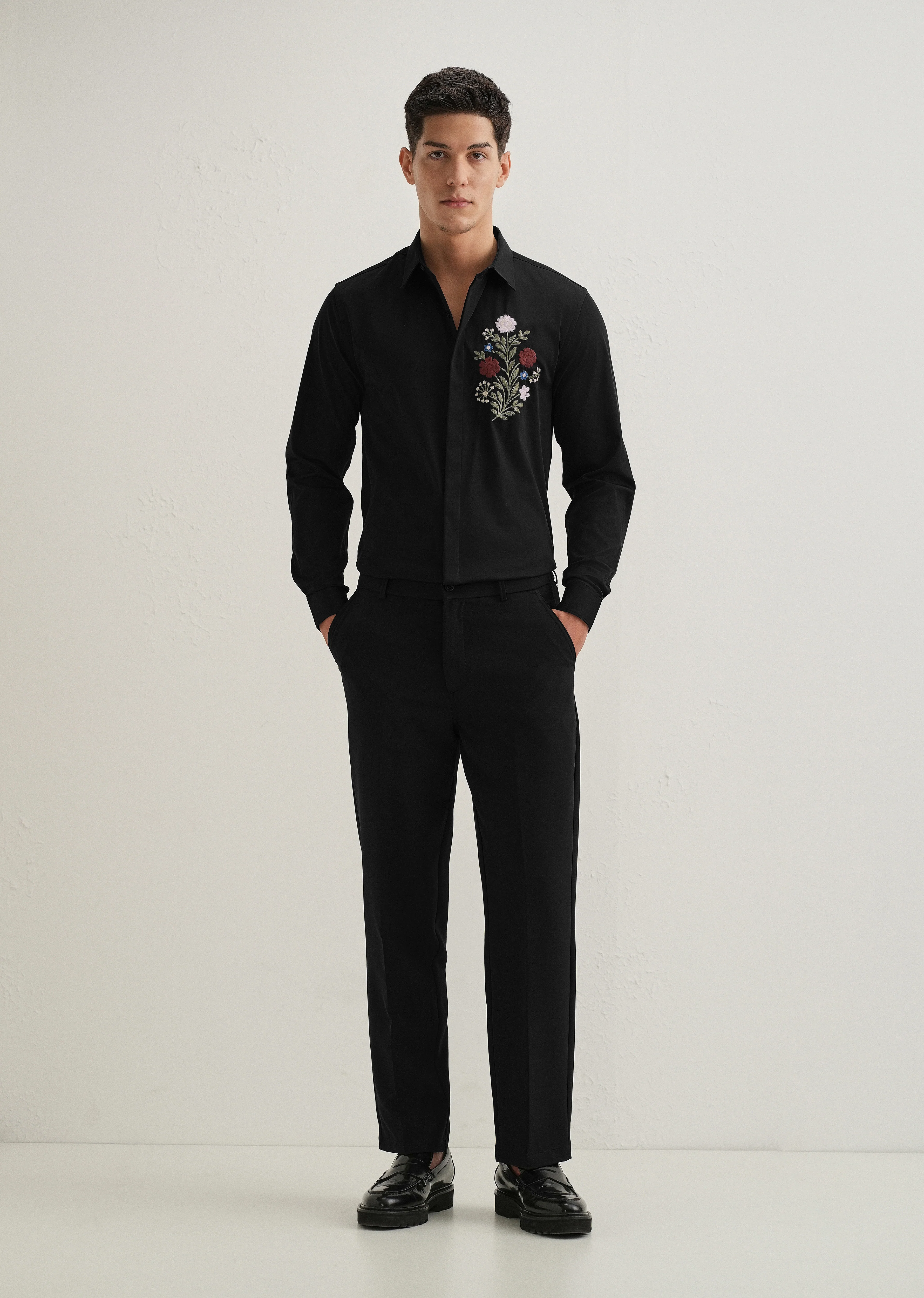 Red Floral Embroidery Black Designer Shirt - Image 6