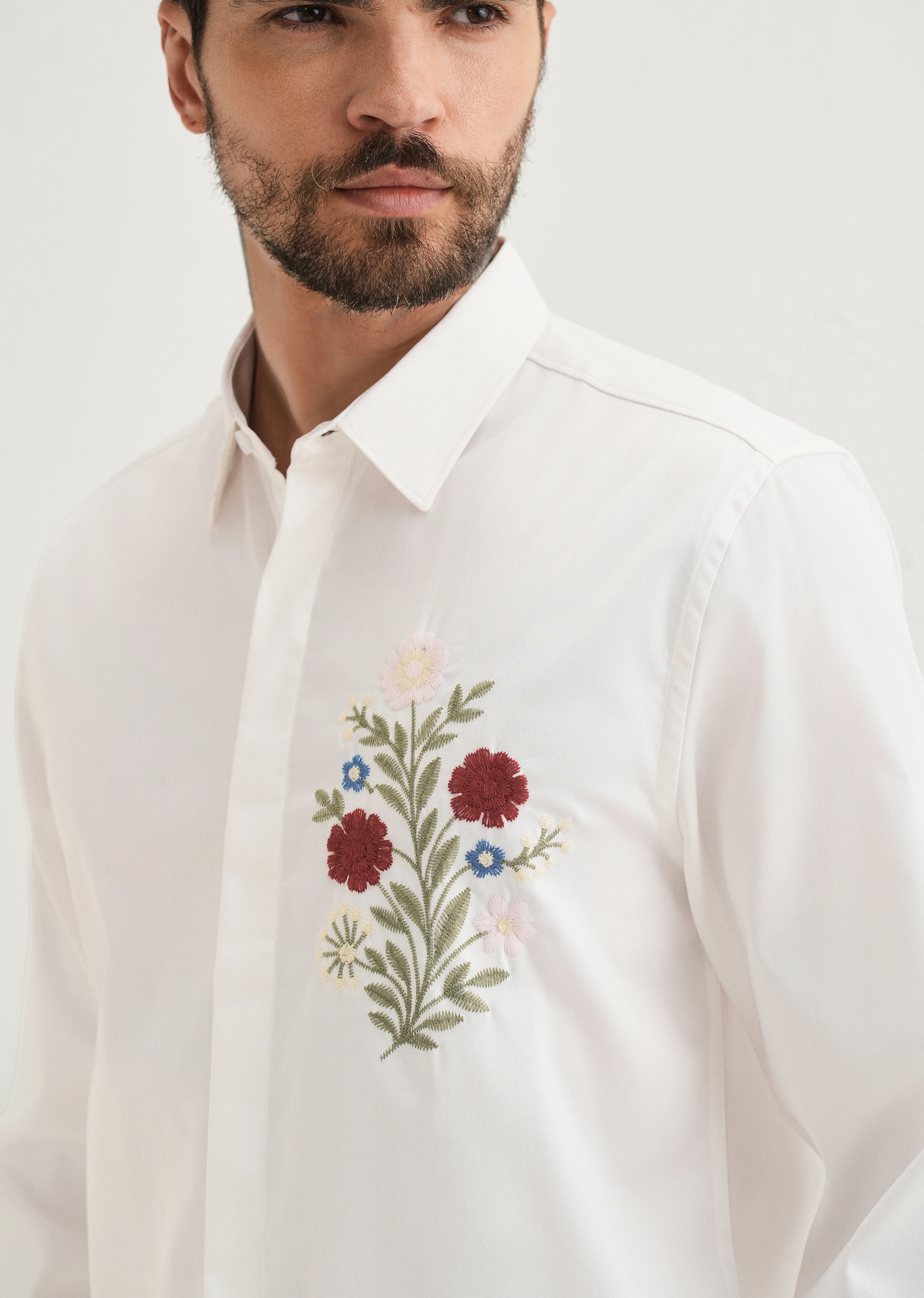 Red Floral Embroidery White Designer Shirt - Image 2