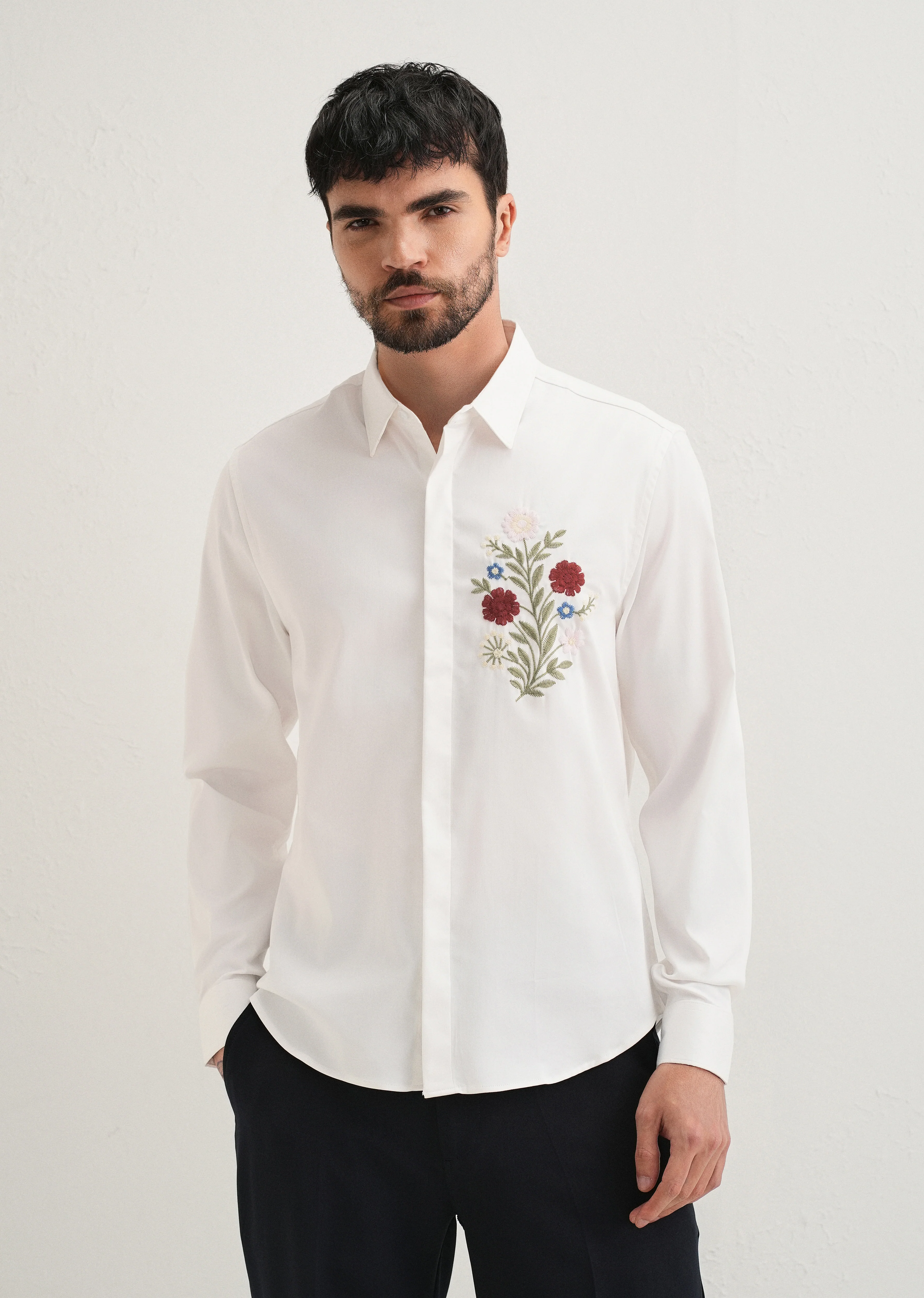 Red Floral Embroidery White Designer Shirt - Image 4