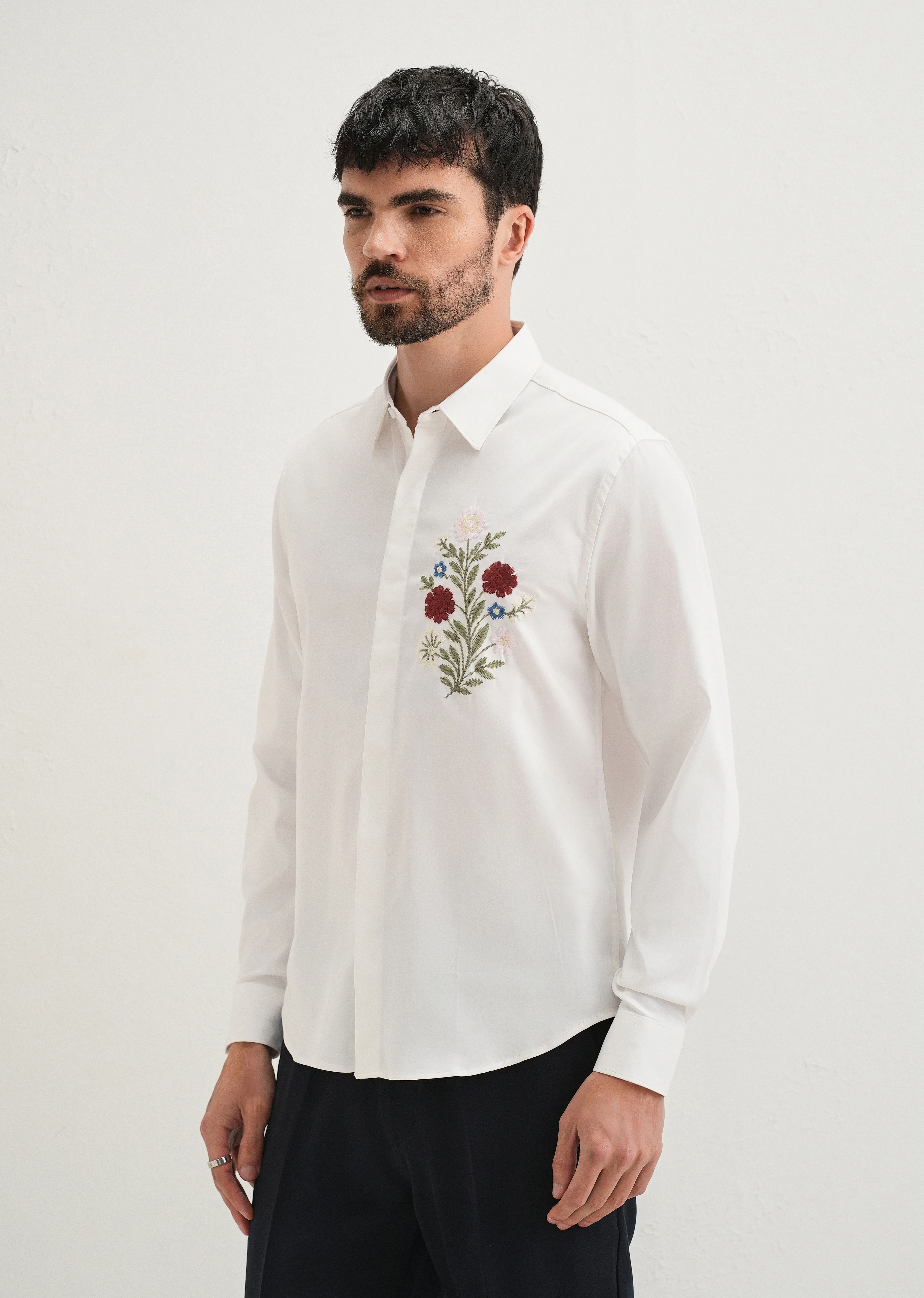Red Floral Embroidery White Designer Shirt - Image 5