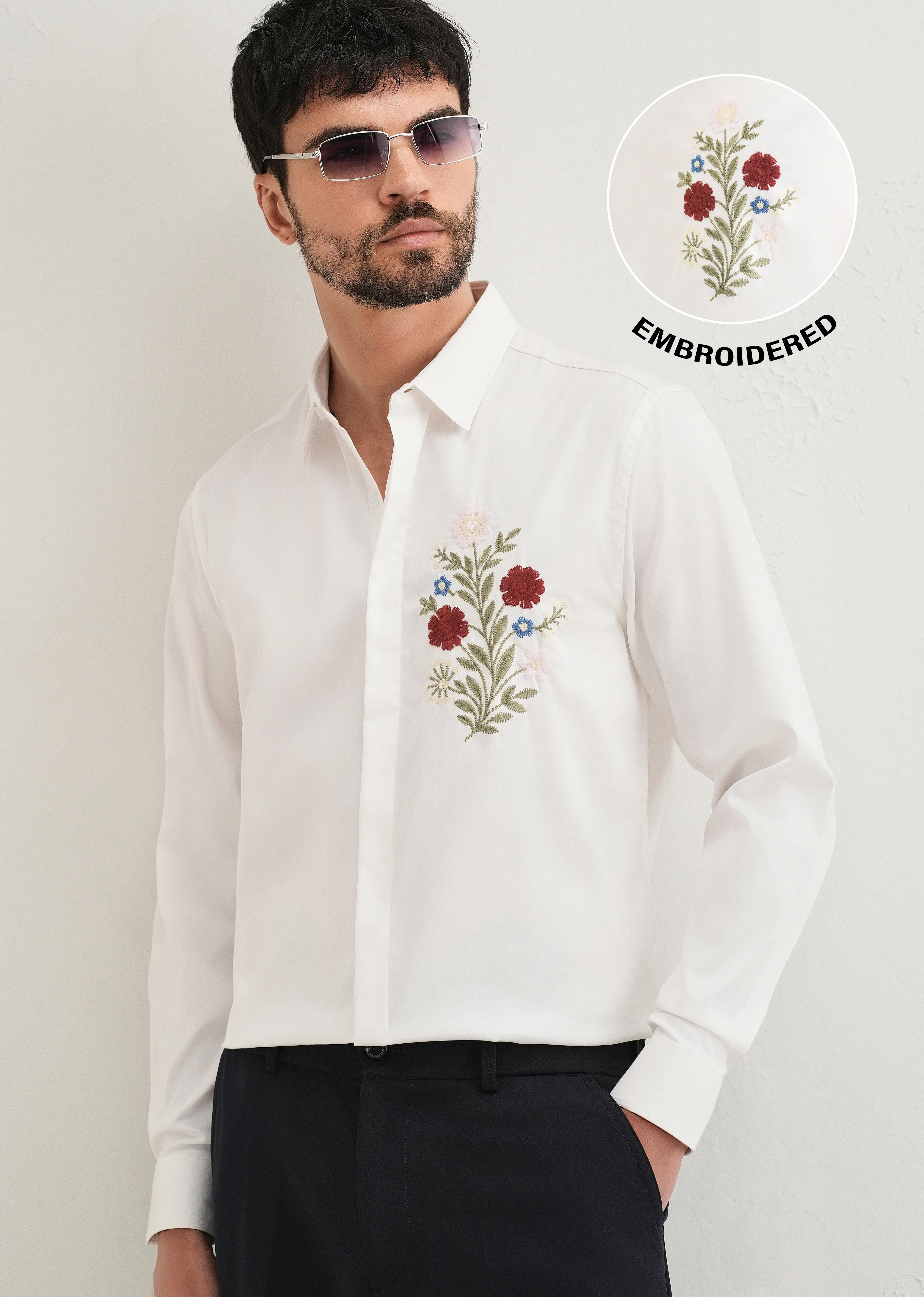 Red Floral Embroidery White Designer Shirt - Image 7