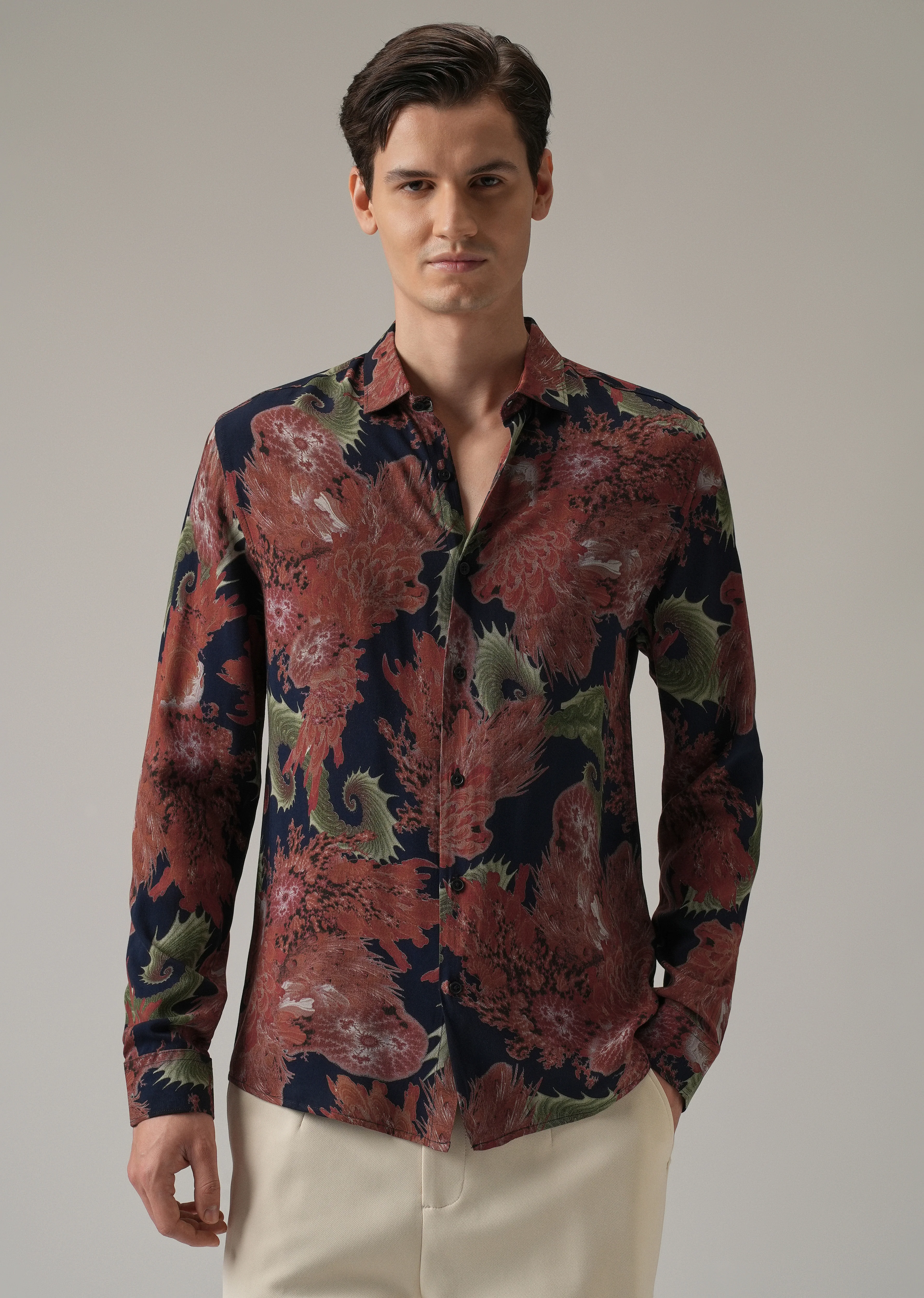 Red Prickly Flora Print Feather Shirt - Image 3