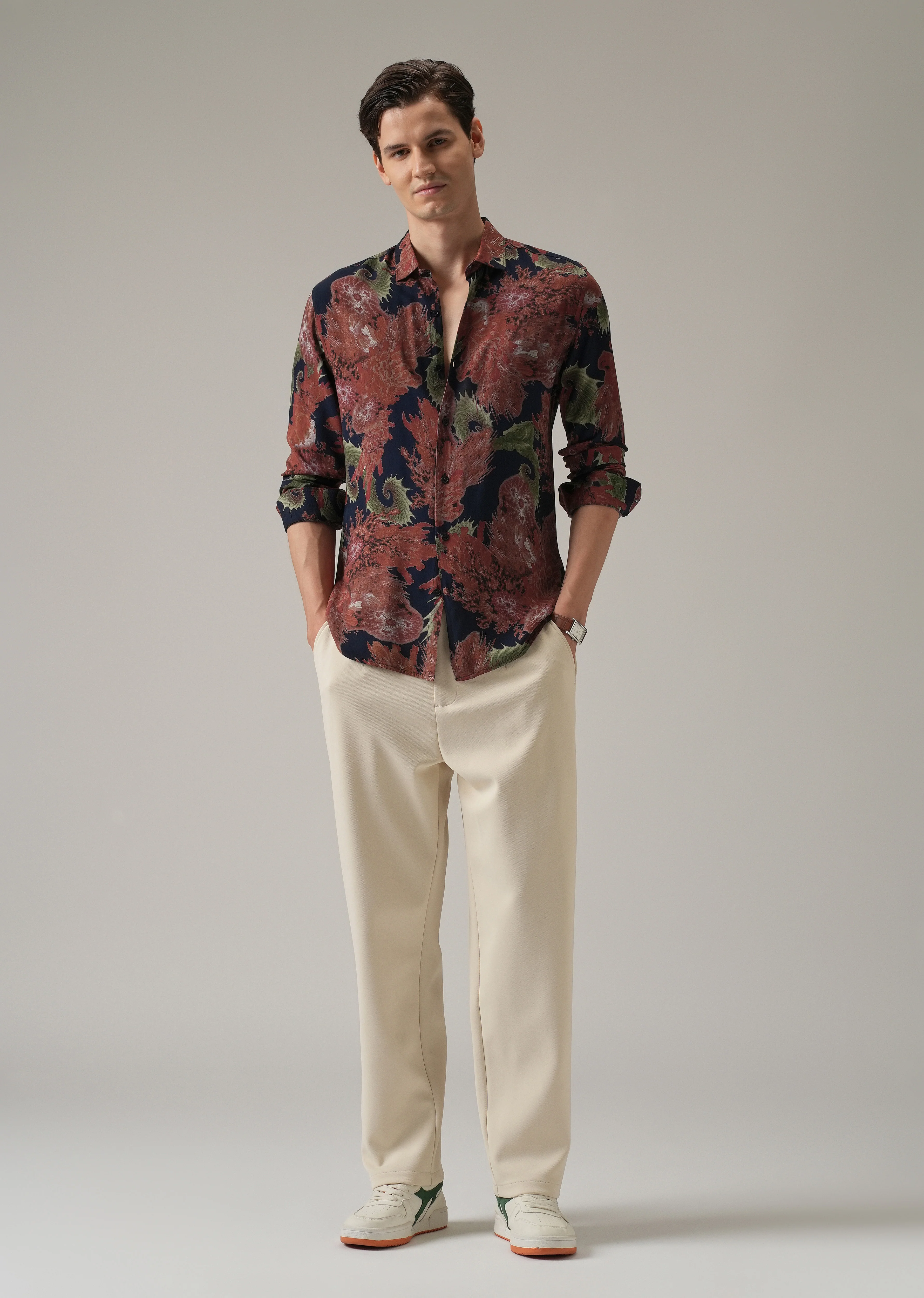 Red Prickly Flora Print Feather Shirt - Image 6