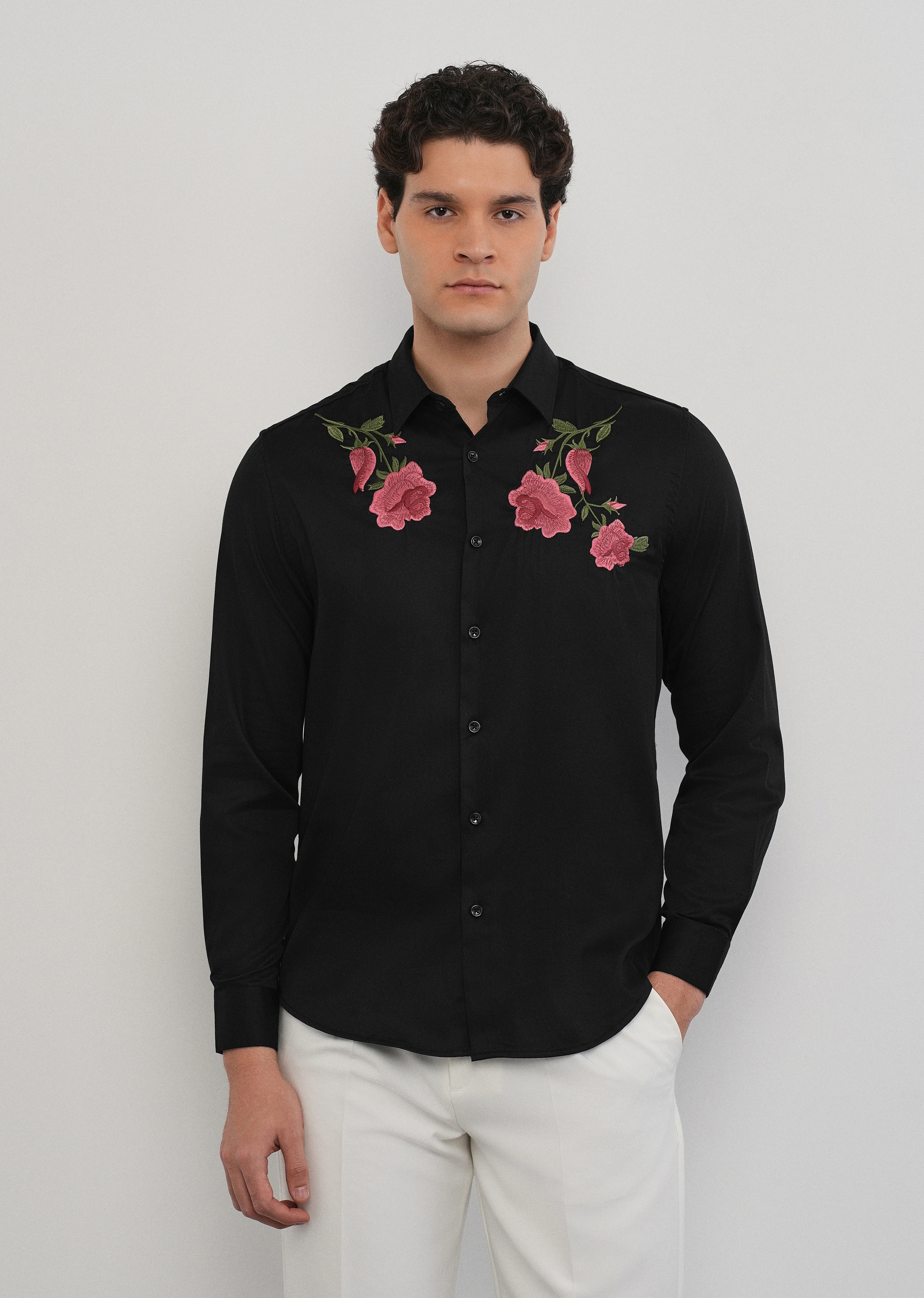 Rose Embroidered Black Designer Shirt - Image 4