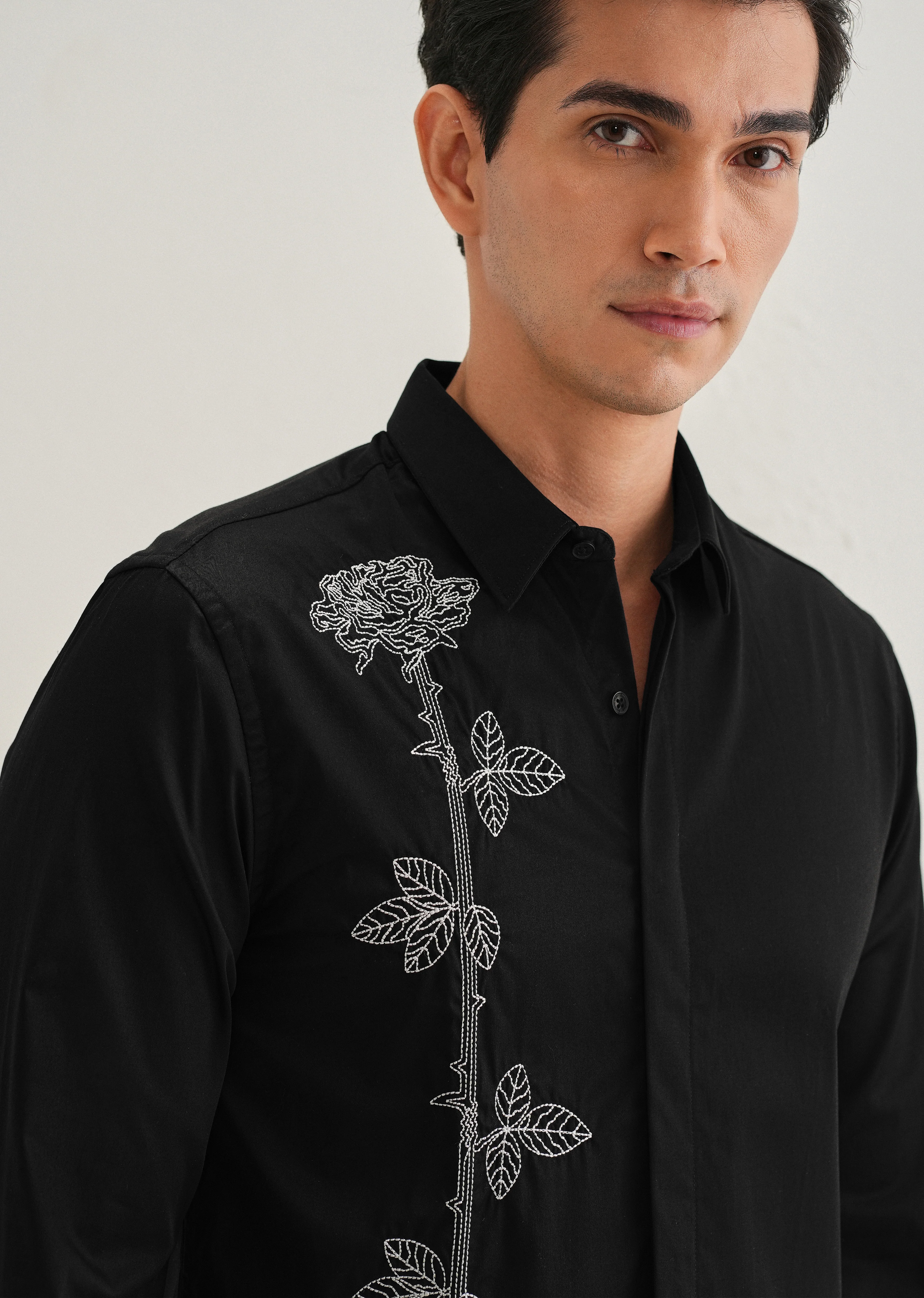 Rose Needle Work Black Designer Shirt - Image 2