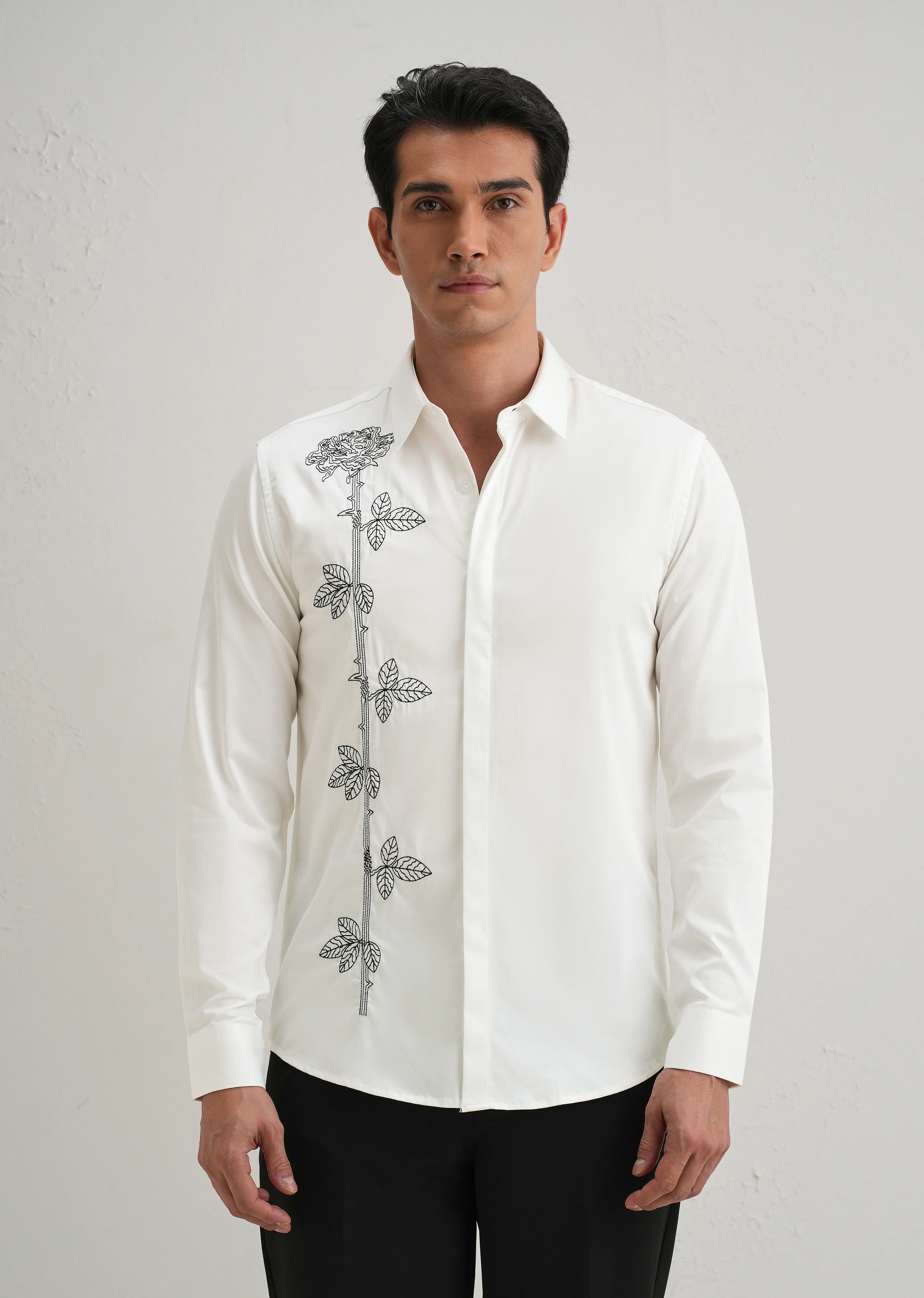 Rose Needle Work White Designer Shirt - Image 3