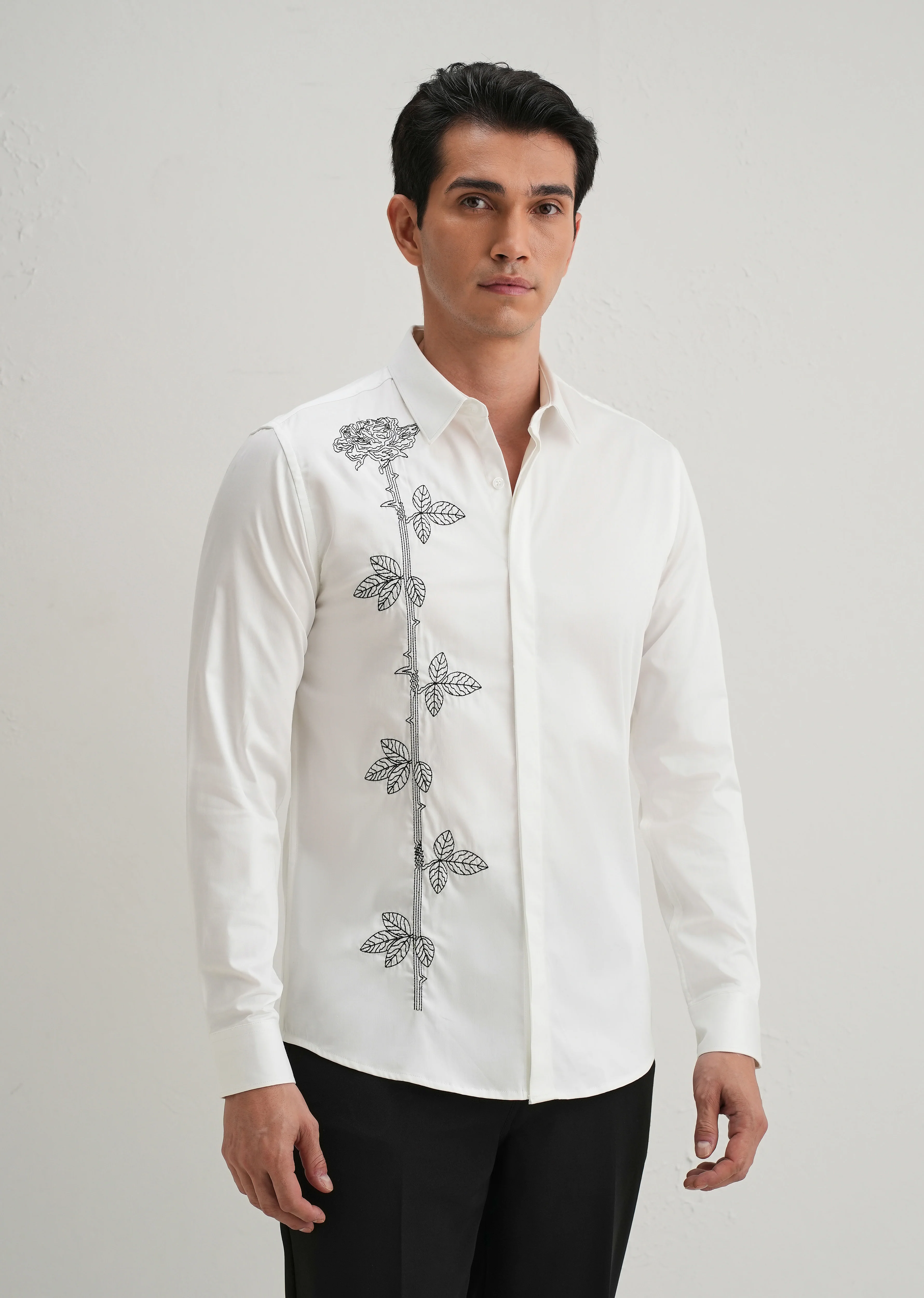 Rose Needle Work White Designer Shirt - Image 4