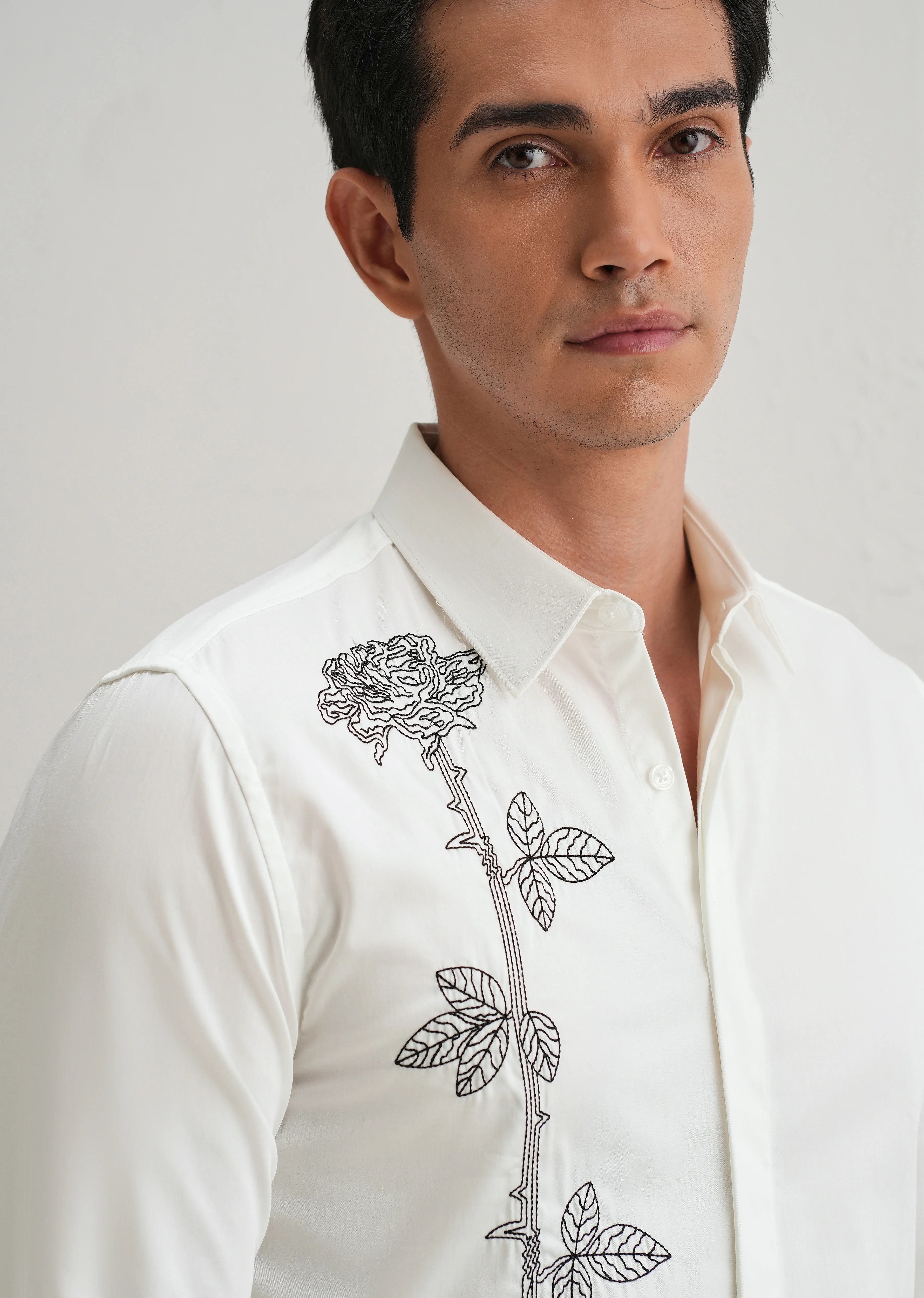 Rose Needle Work White Designer Shirt - Image 5