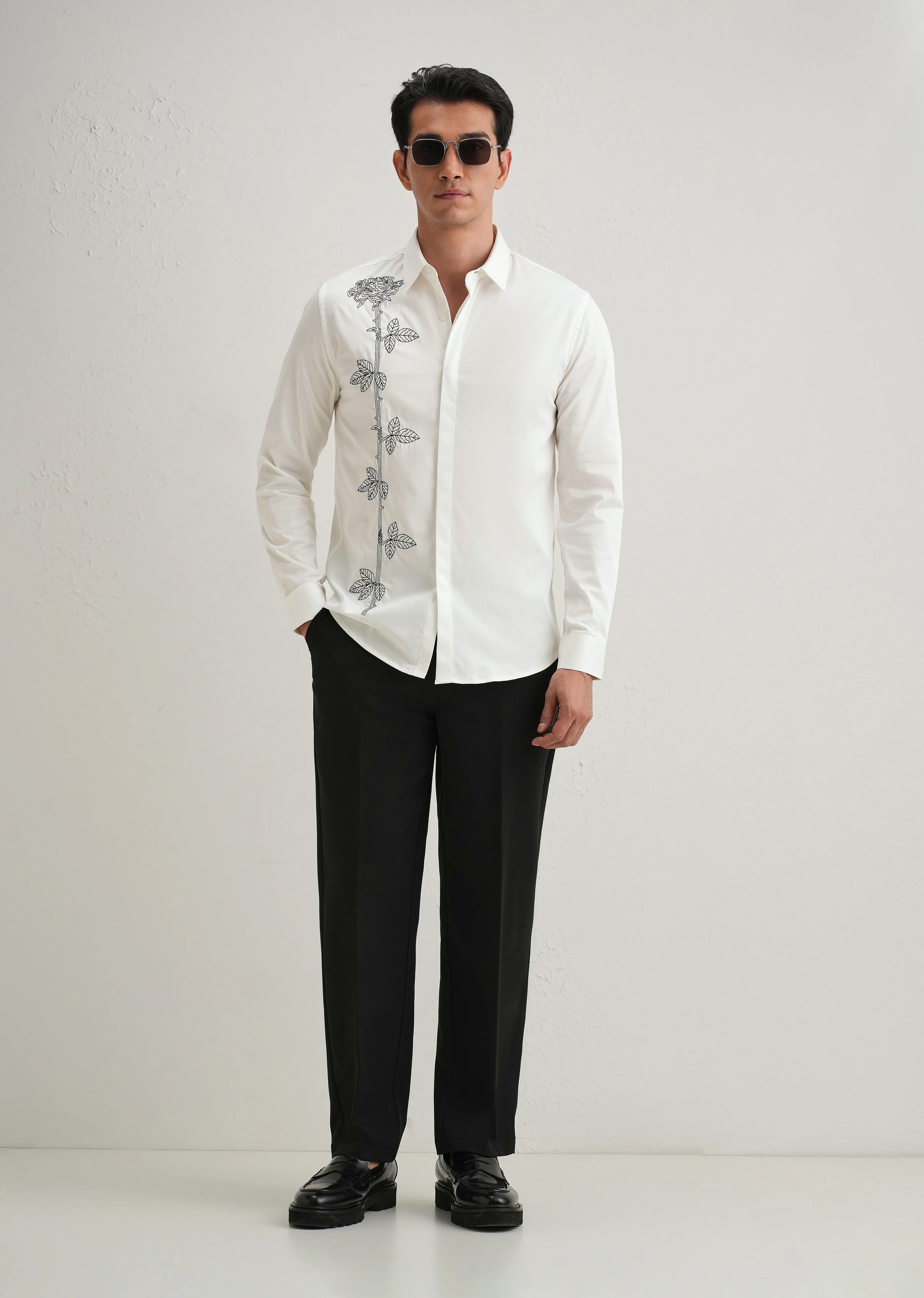 Rose Needle Work White Designer Shirt - Image 6