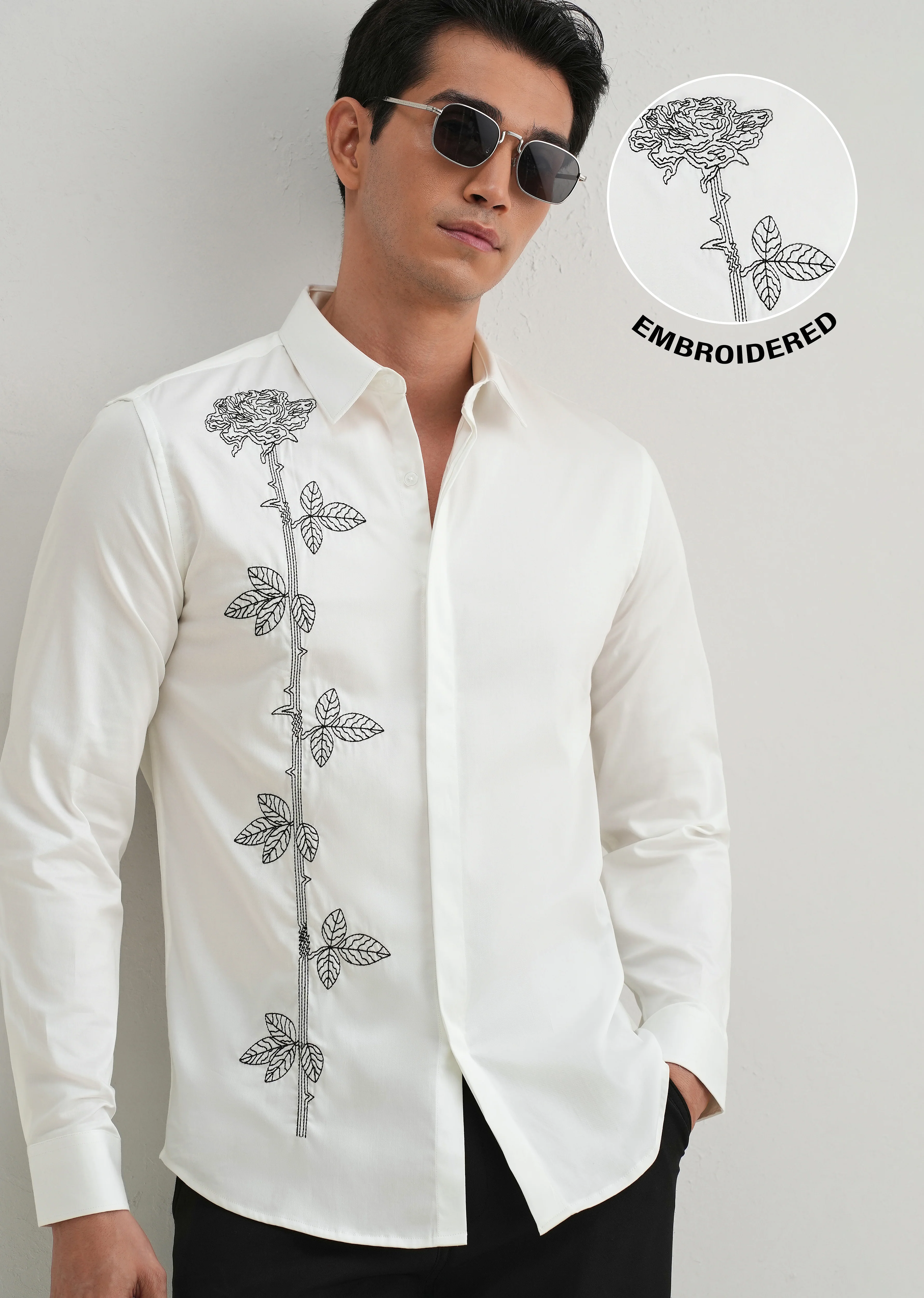 Rose Needle Work White Designer Shirt - Image 7